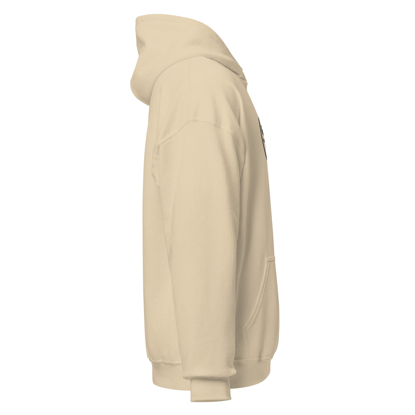 "Side view of Frosty Smiles Unisex Hoodie in beige, showcasing eco-friendly fashion and unique minimalist design. Perfect for cooler evenings."