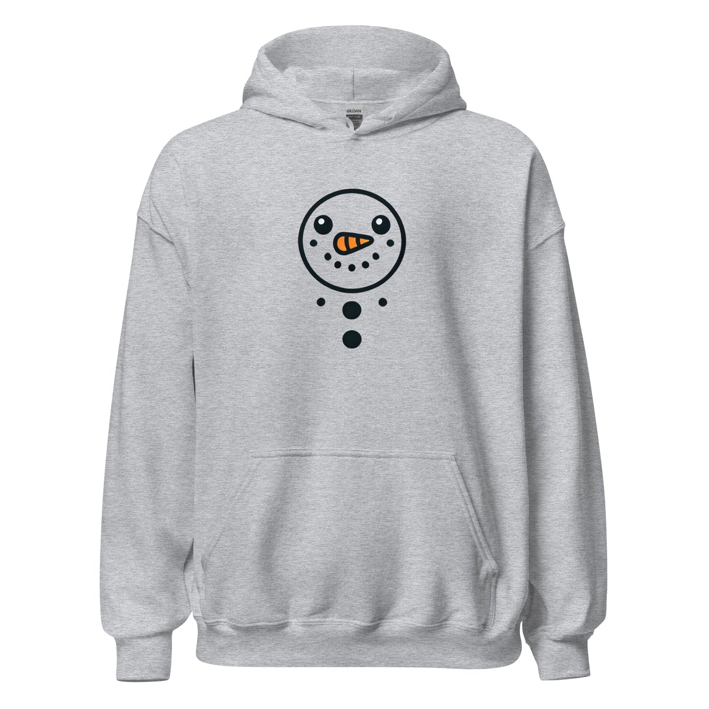 Frosty Smiles Unisex Hoodie with cute snowman graphic, cozy and stylish, perfect for cooler evenings, eco-friendly and trendy design.