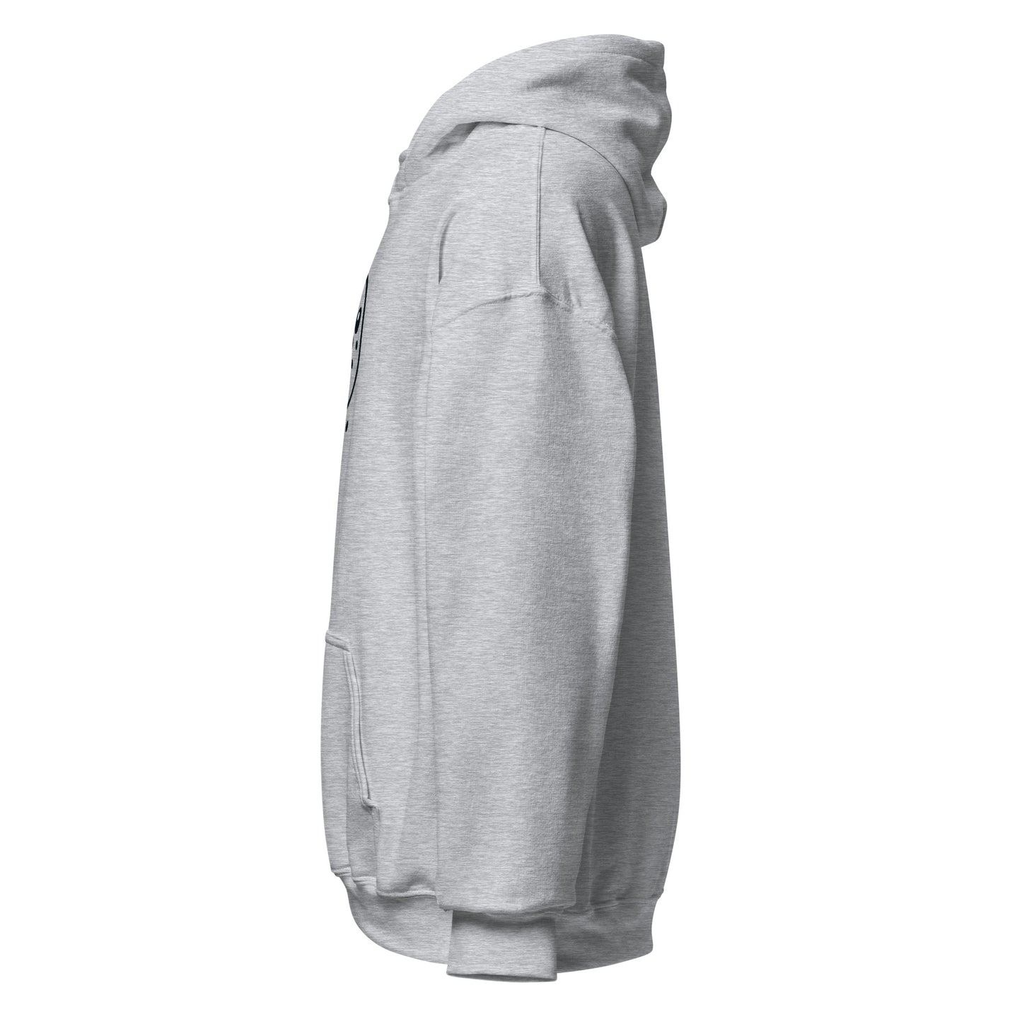 Frosty Smiles Unisex Hoodie in gray, side view, showcasing soft, eco-friendly fabric, perfect for casual wear and sustainable fashion lovers.