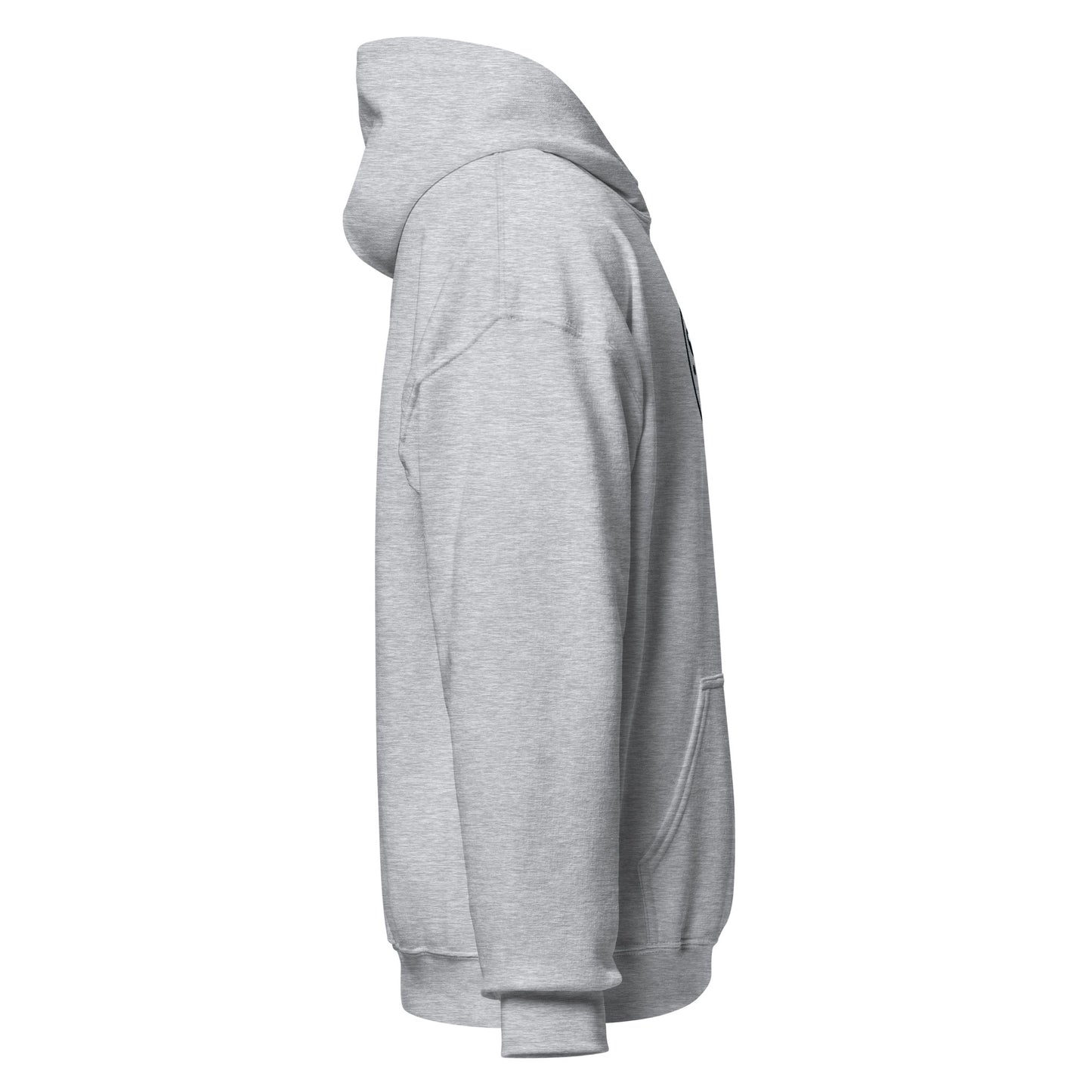 Grey unisex hoodie side view, cozy and eco-friendly, perfect for cooler evenings. Trendy streetwear fashion with unique design.