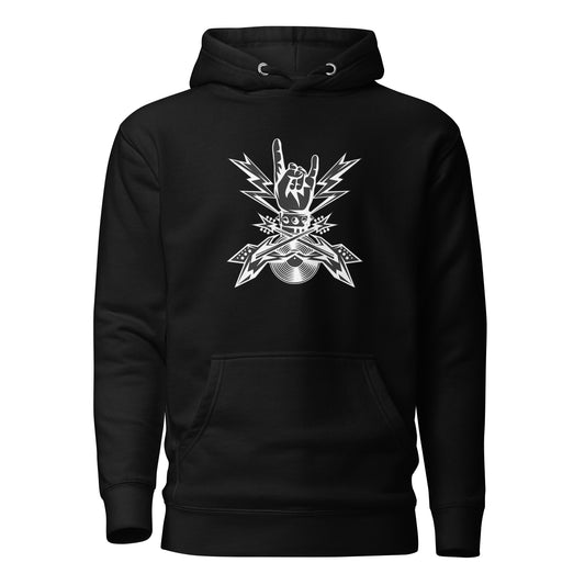 Rock Power Unleashed Unisex Hoodie - LUDE fashion, streetwear, unique designs, custom apparel, gift ideas, trendy, eco-friendly, statement pieces, graphic tees, sustainable fashion, minimalist, pop culture, creative prints, bold designs, limited edition, casual wear, artistic, lifestyle