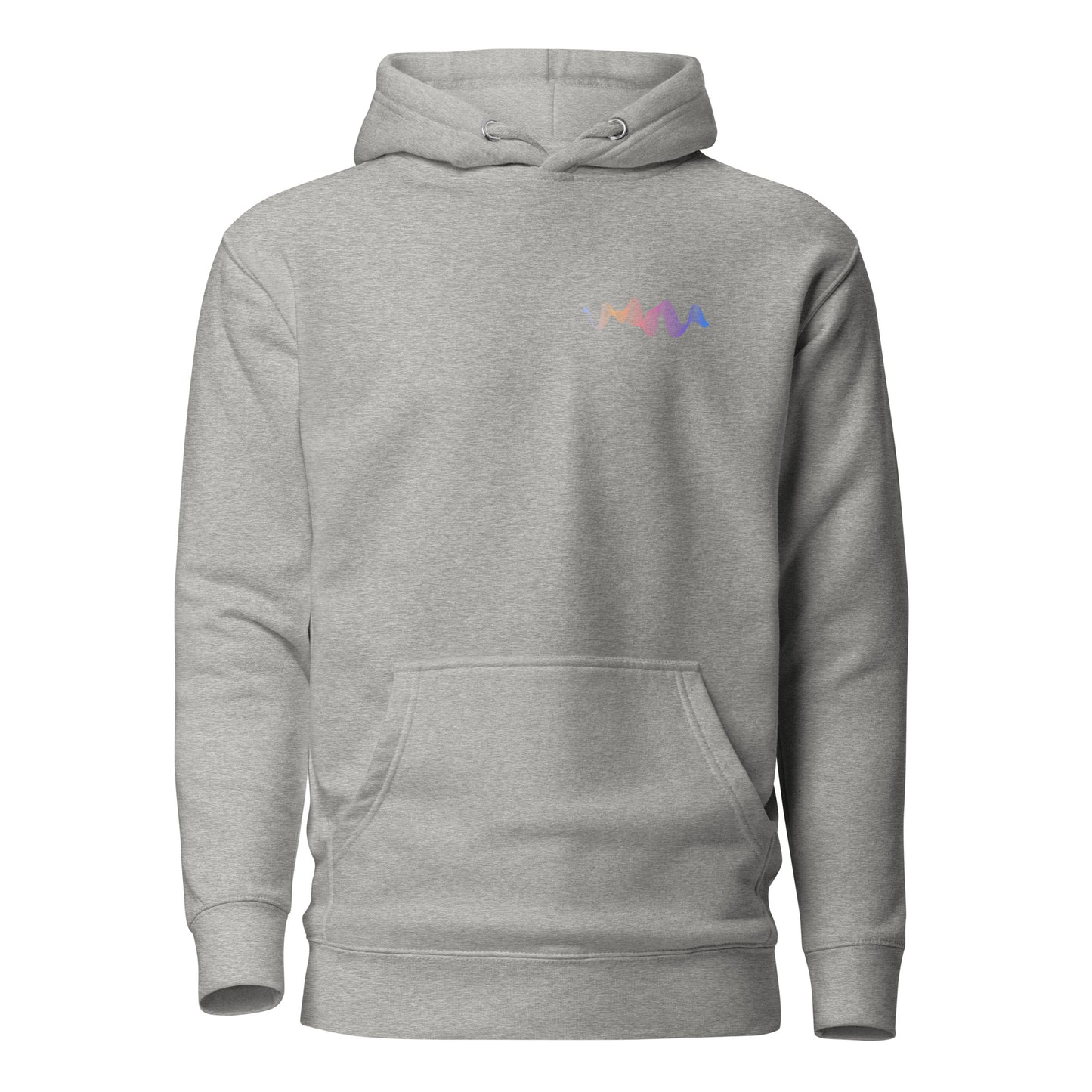 Grey unisex hoodie with minimal graphic design, featuring a front pouch pocket and hood. Perfect for sustainable fashion and casual wear.