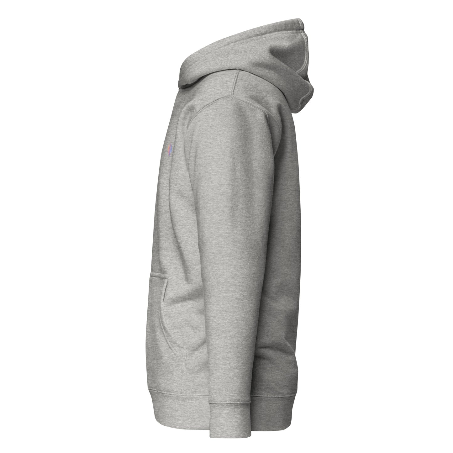 Grey unisex hoodie side view, featuring minimalist streetwear design with eco-friendly materials and pouch pocket. Perfect for casual wear.