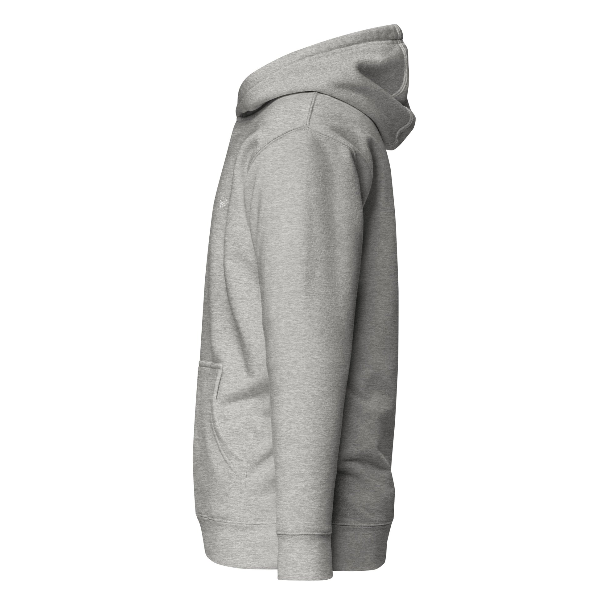 Side view of a gray unisex hoodie with hood, showcasing minimalist design and front pocket, perfect for casual and trendy streetwear fashion.