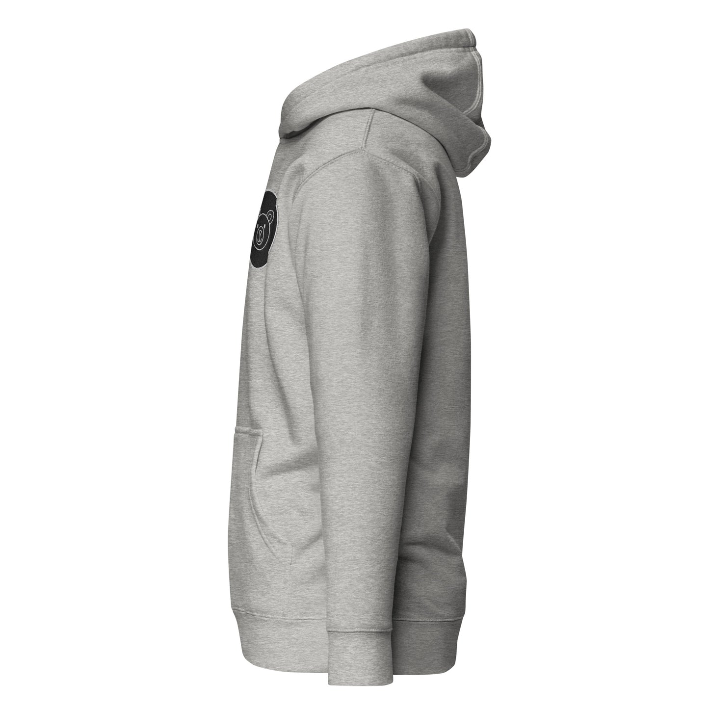 Gray unisex hoodie side view, featuring a beary adorable stitched design. Stylish, eco-friendly streetwear with pouch pocket and warm hood.