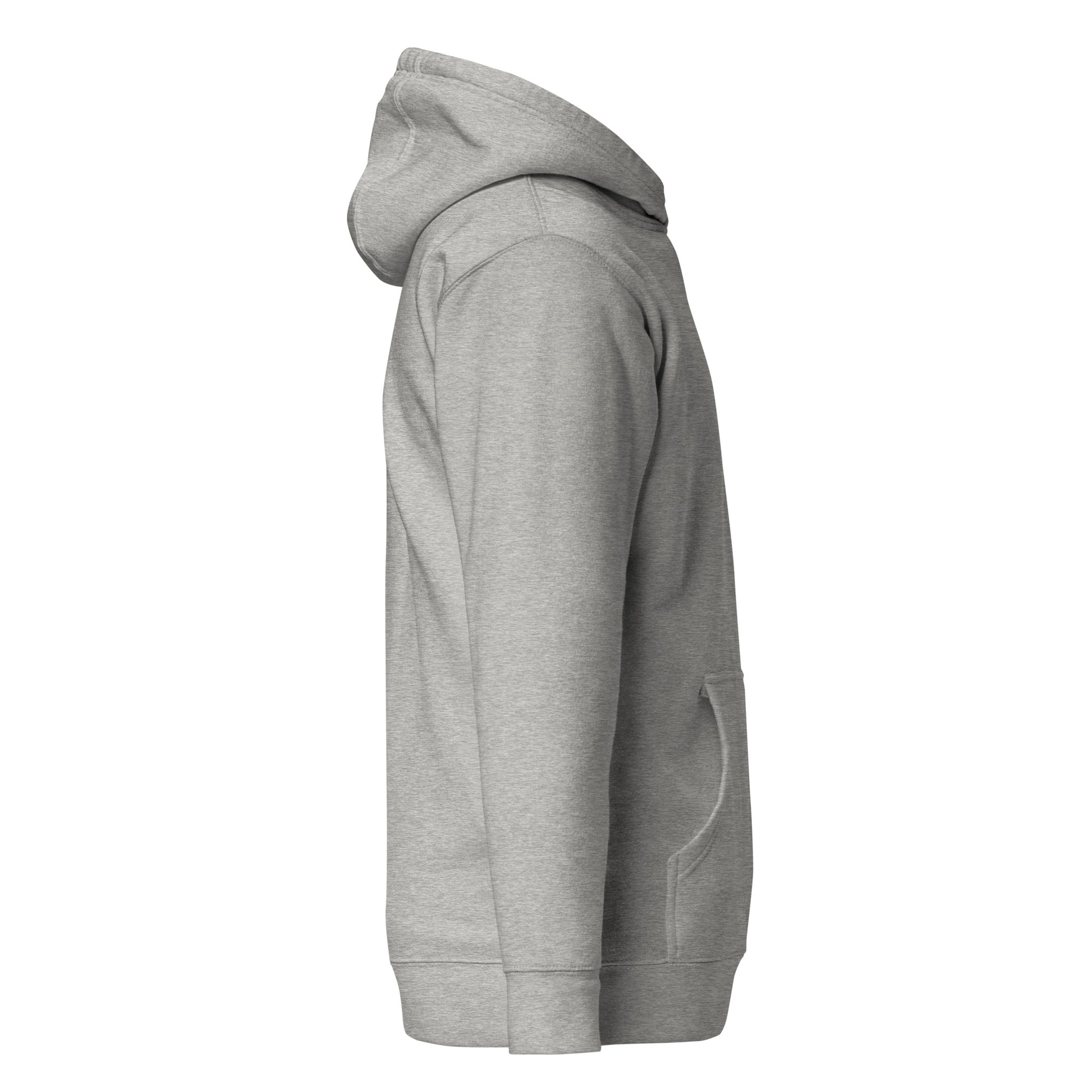 Grey unisex hoodie side view with warm hood and pouch pocket, eco-friendly streetwear fashion, 65% ring-spun cotton, trendy design.