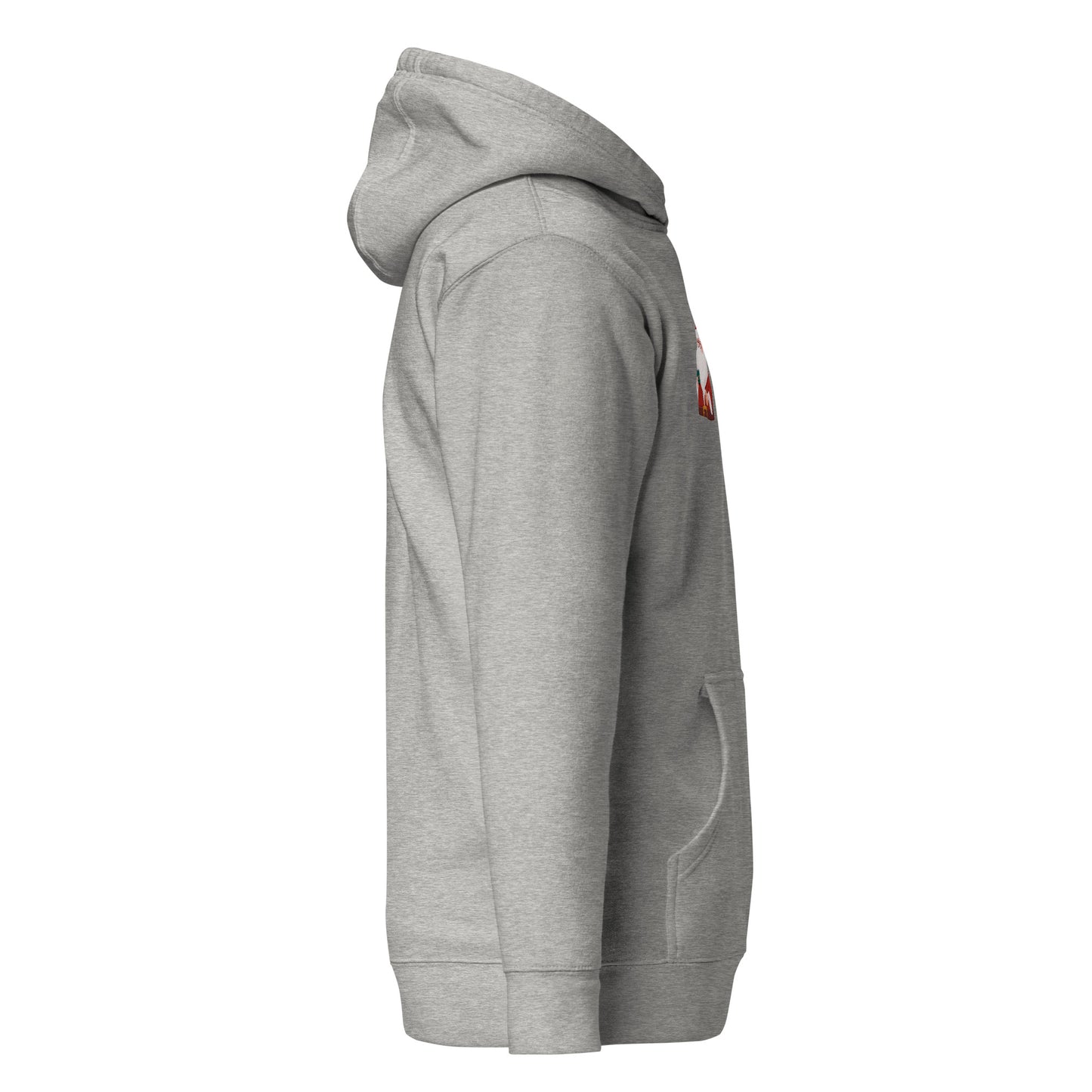 Unisex gray Santa-themed hoodie, cozy casual wear with front pocket, streetwear and sustainable fashion, creative and bold design.