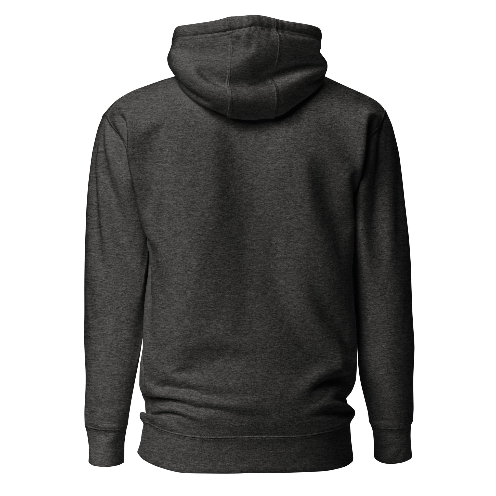 Back view of Splash of Melody unisex hoodie in dark gray, showcasing minimalist design and eco-friendly cotton blend fabric.