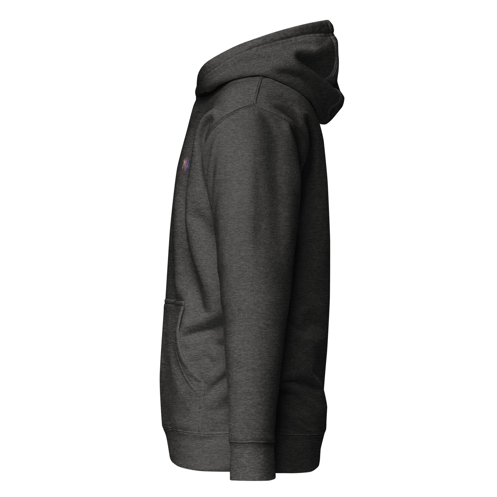 Unisex hoodie side view in dark gray, featuring minimalist design, pouch pocket, and sustainable cotton blend for eco-friendly fashion.