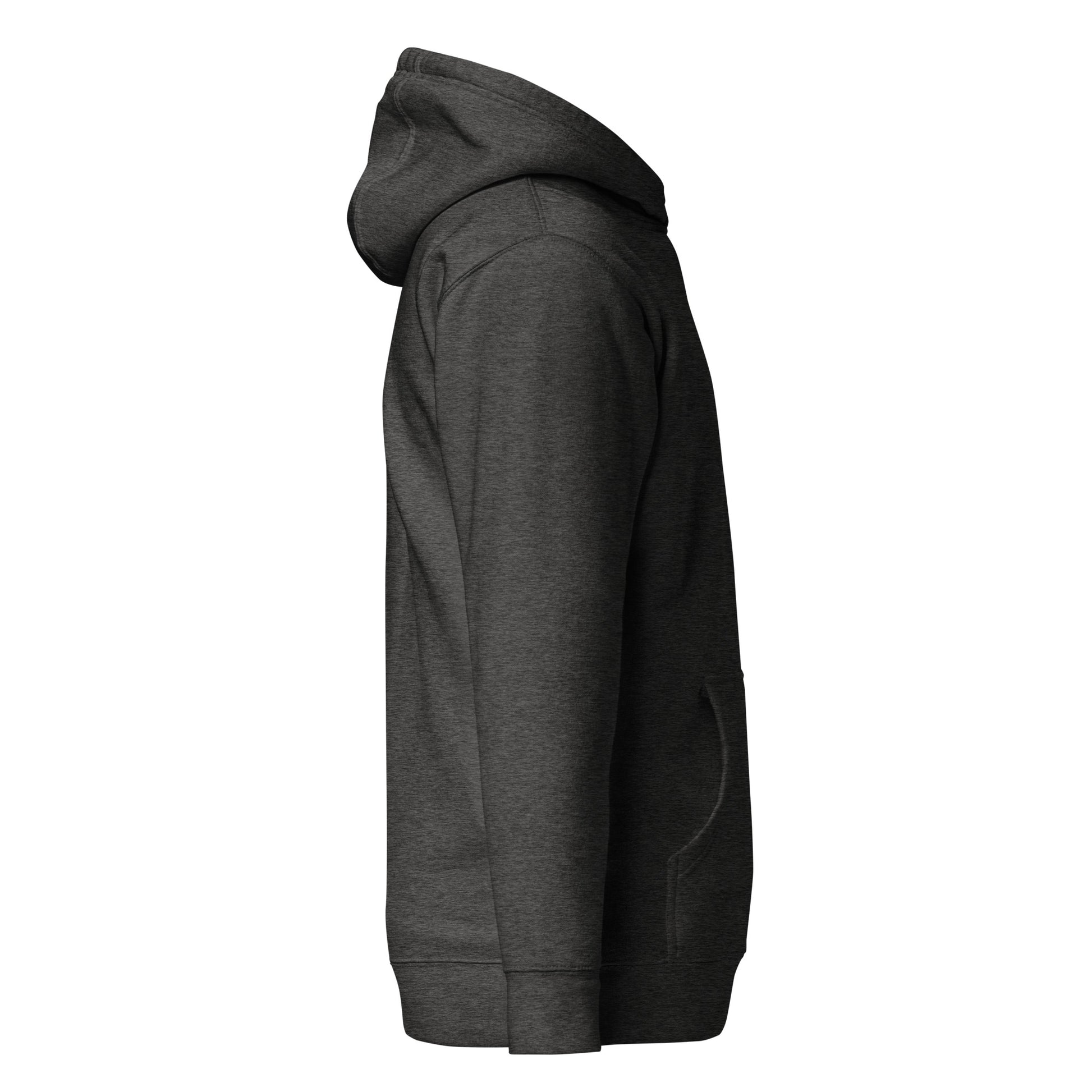 Unisex dark gray hoodie side view, fashion streetwear with eco-friendly design, minimalist custom apparel.