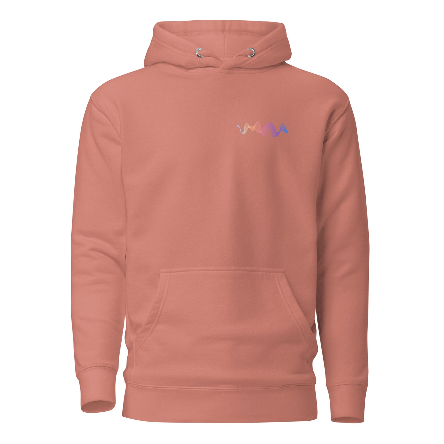 Unisex hoodie with minimalist design in peach color, featuring pouch pocket and drawstrings, perfect for trendy, sustainable streetwear fashion.