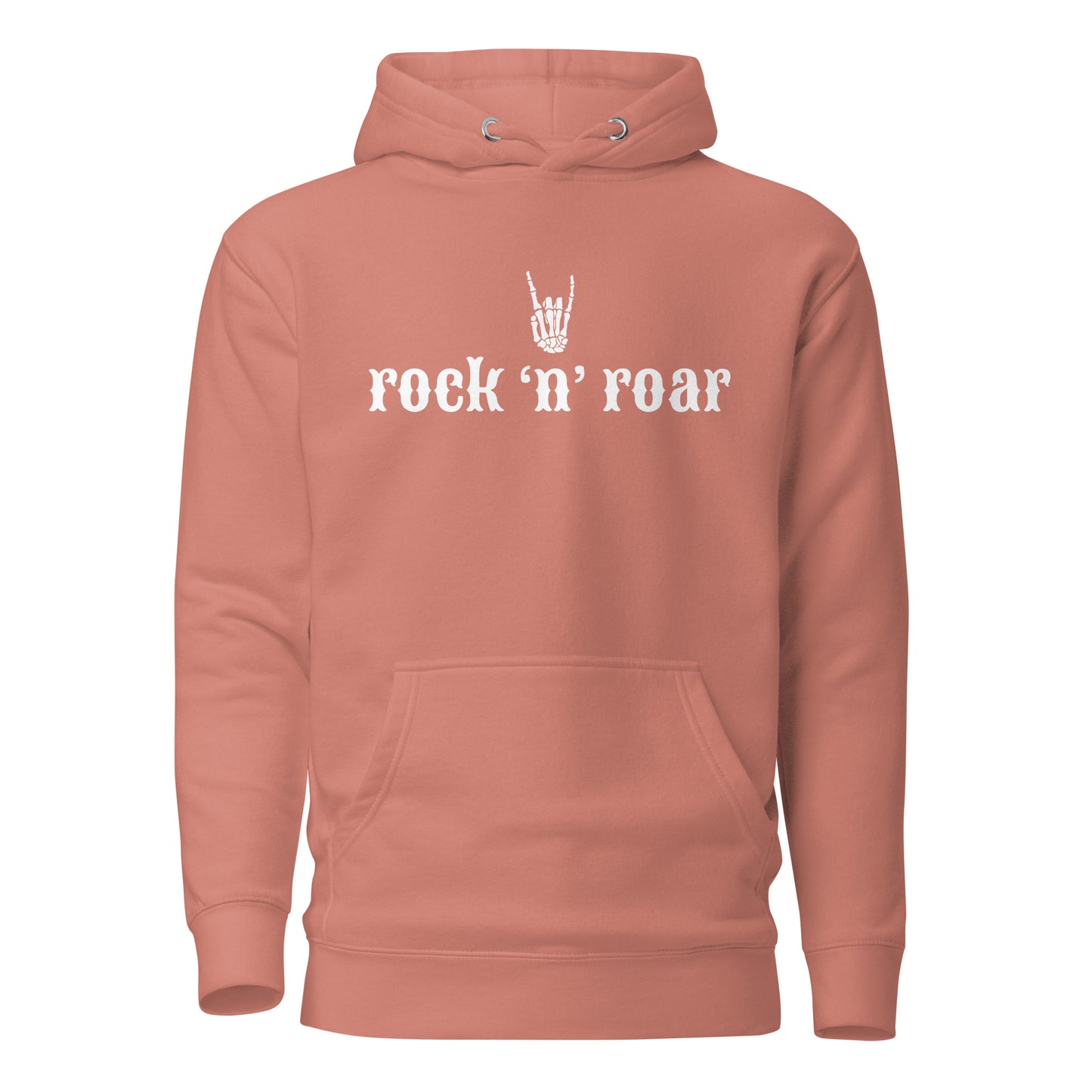 Rock ‘n’ Roar unisex hoodie in peach with graphic print, eco-friendly, trendy streetwear, perfect casual wear and fashion statement.