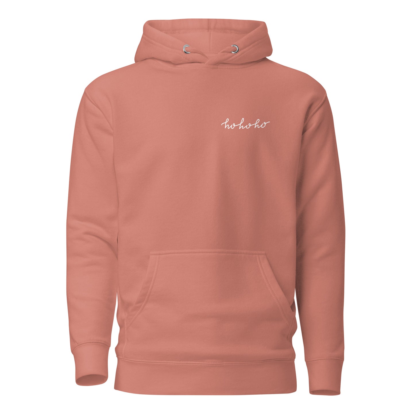 Unisex Santa hoodie in coral with "ho ho ho" design, eco-friendly and trendy streetwear, perfect gift idea for casual fashion lovers.