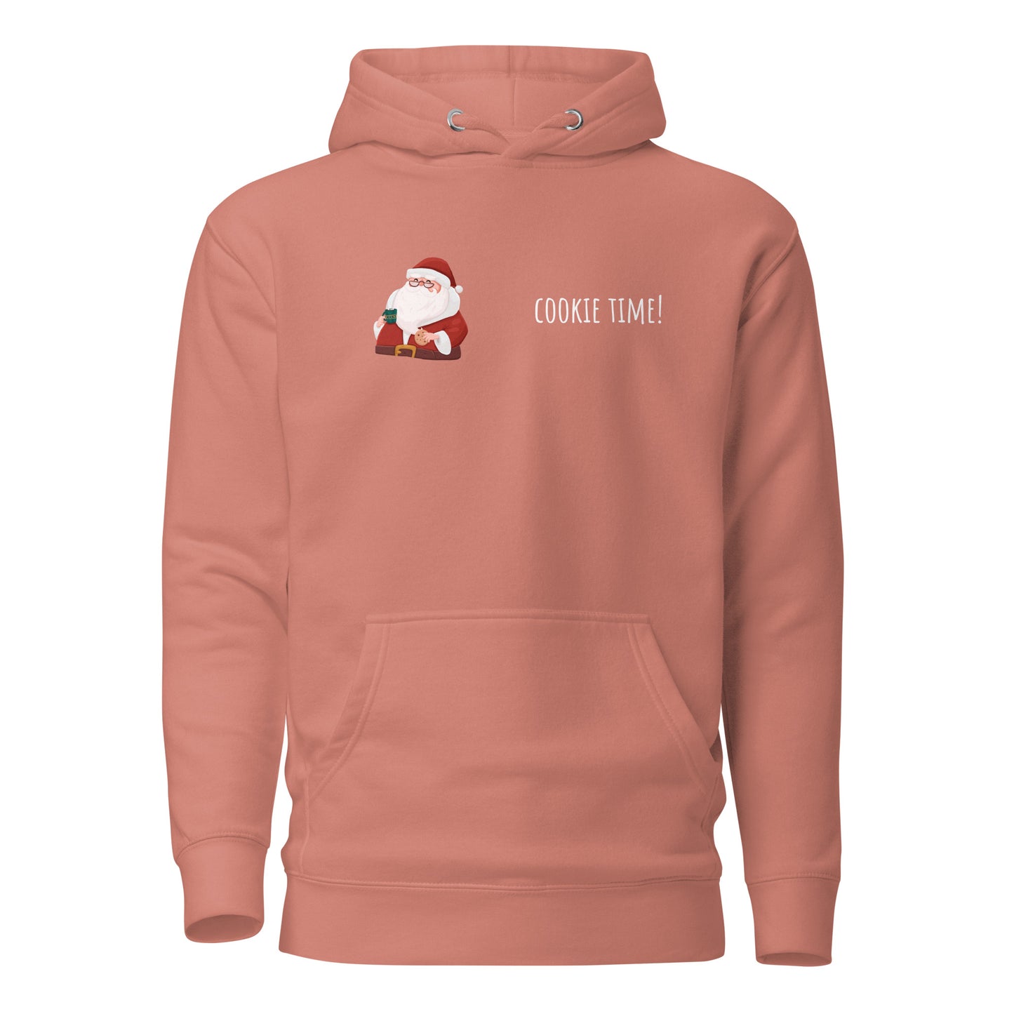 Santa's Cookie Time Unisex Hoodie in pastel pink, featuring a cozy design with front pouch pocket, perfect for sustainable fashion lovers.