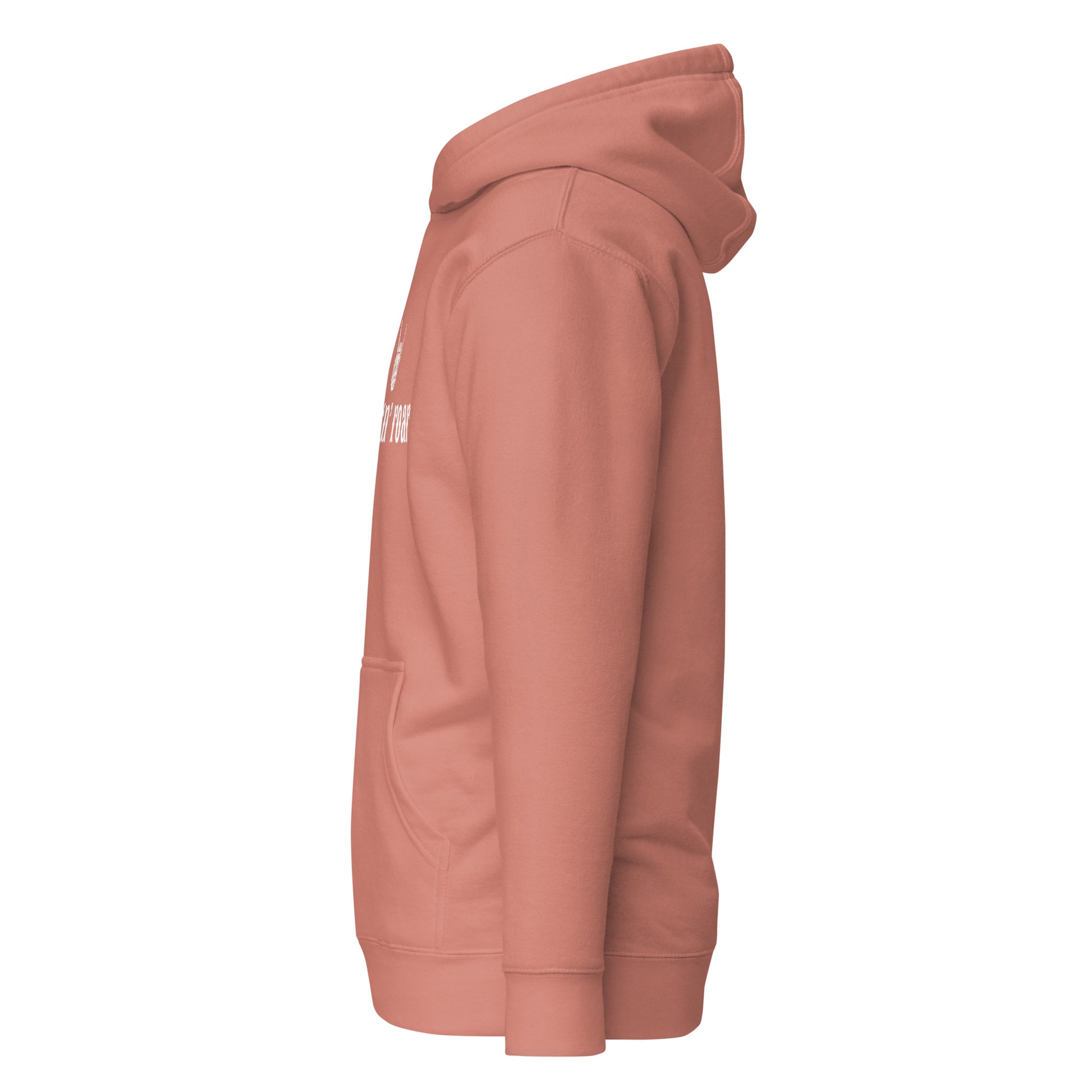 Side view of Rock ‘n’ Roar Unisex Hoodie in coral, featuring front pocket and hood, perfect for casual and sustainable streetwear fashion.