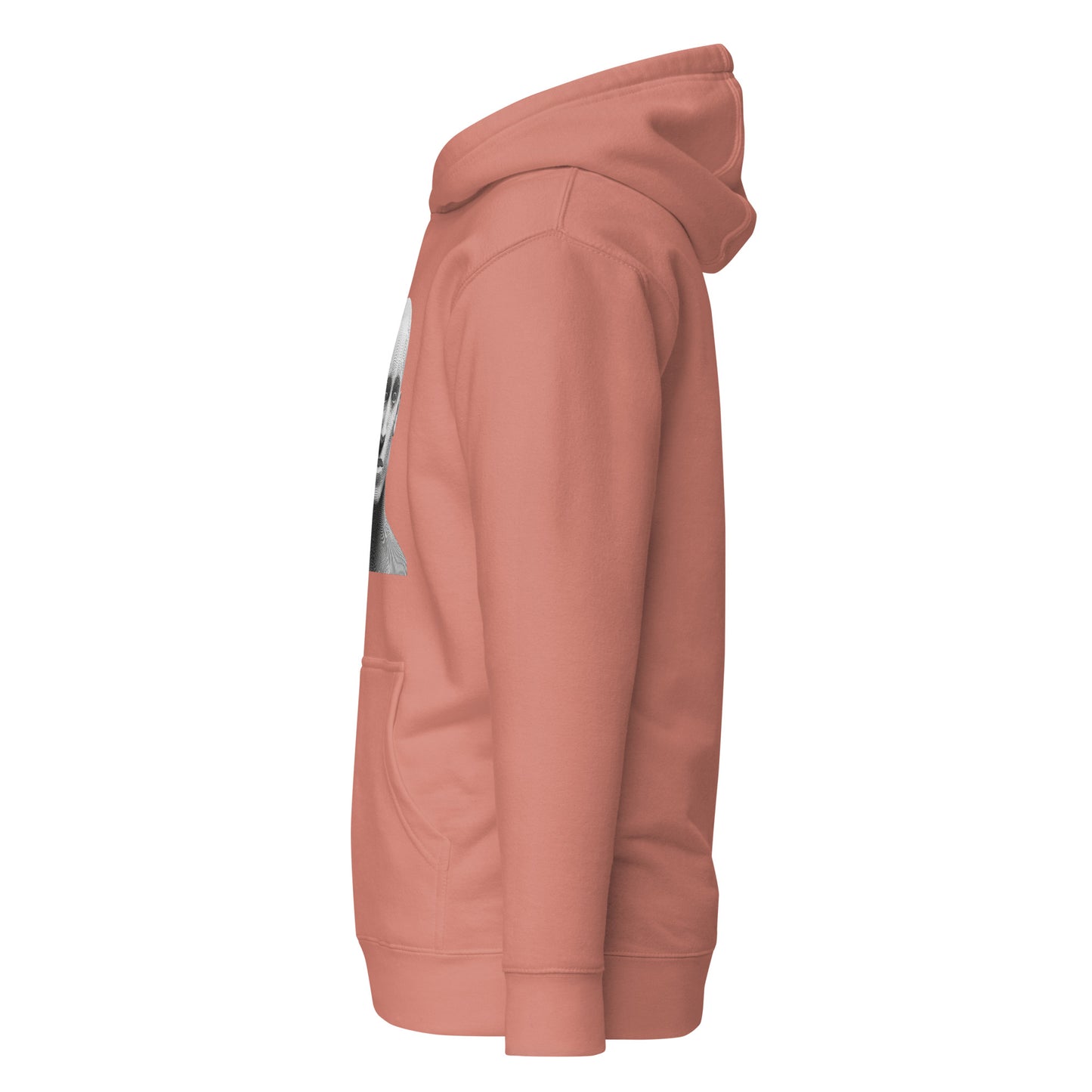 Side view of coral unisex hoodie with graphic print, featuring soft fabric and pouch pocket. Eco-friendly fashion, trendy streetwear design.