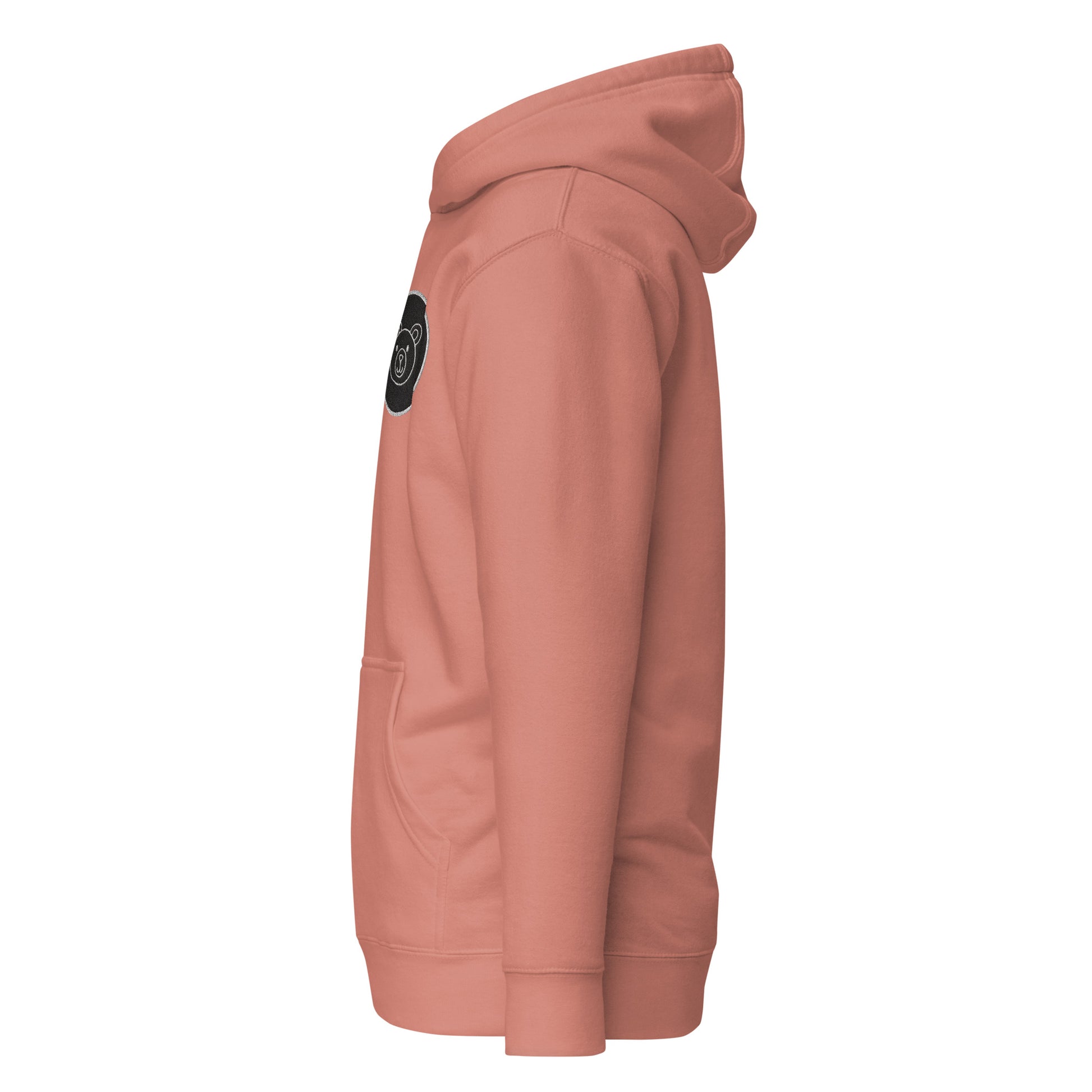 Unisex hoodie in coral with beary graphic, eco-friendly fashion, trendy streetwear, minimalist casual wear, custom sustainable apparel.