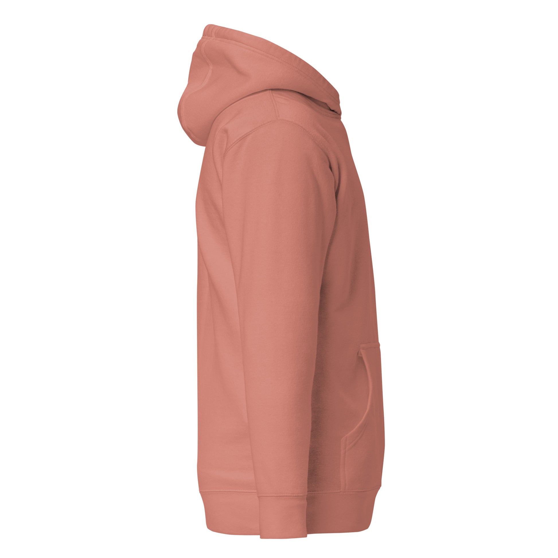 Side view of Meow Face Unisex Hoodie in pink, featuring a warm hood and pouch pocket, trendy streetwear fashion for chilly evenings.