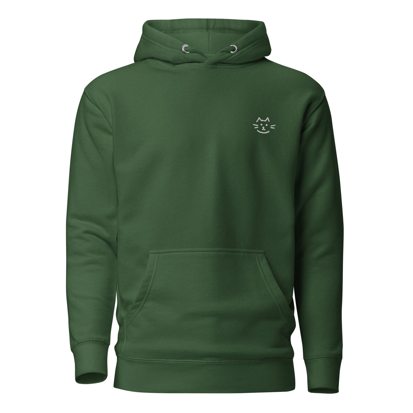 Meow Face Unisex Hoodie in green featuring minimalist cat design, perfect for streetwear fashion and sustainable style.