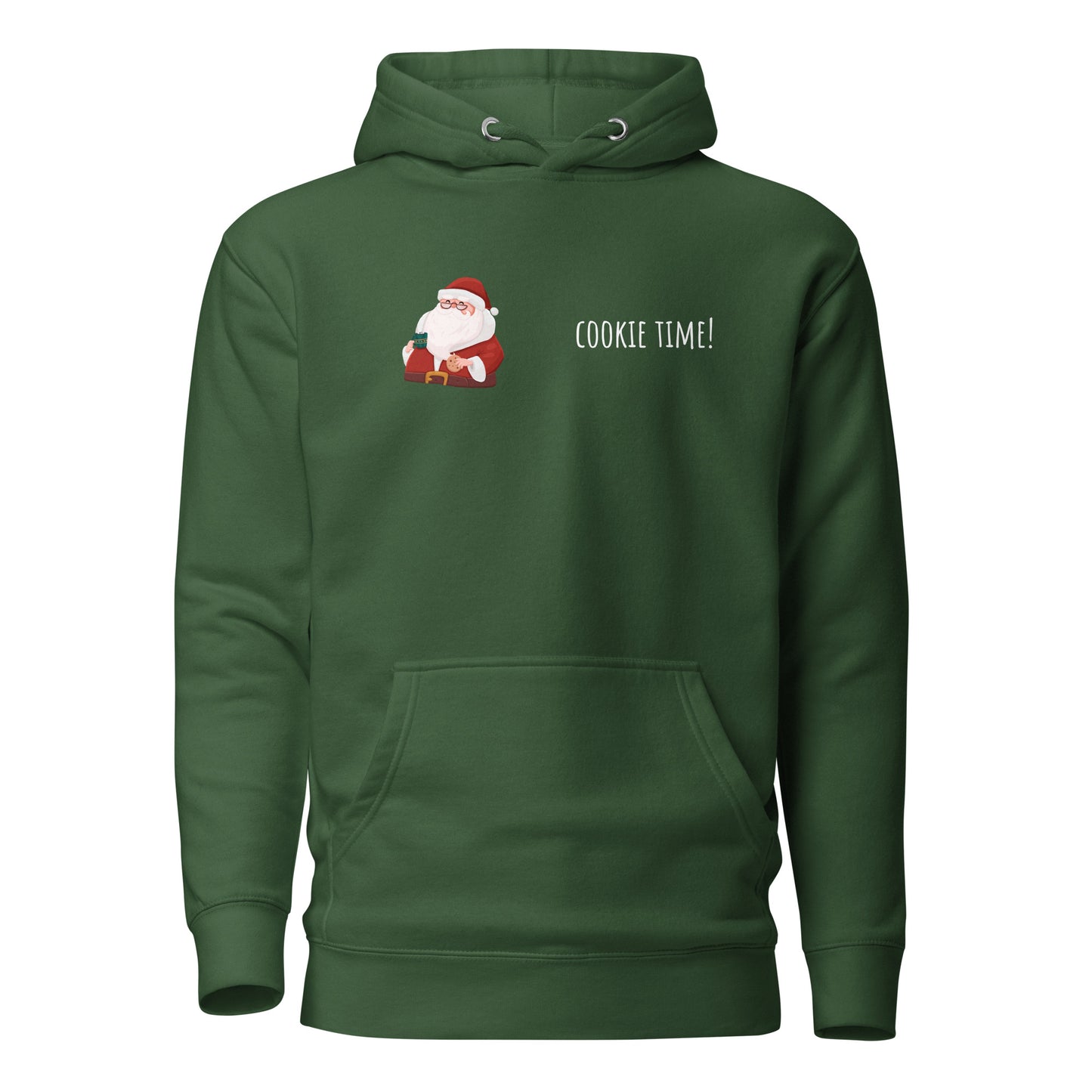 Green unisex hoodie with Santa graphic and "Cookie Time" text, featuring front pocket and hood. Perfect for trendy, eco-friendly fashion lovers.