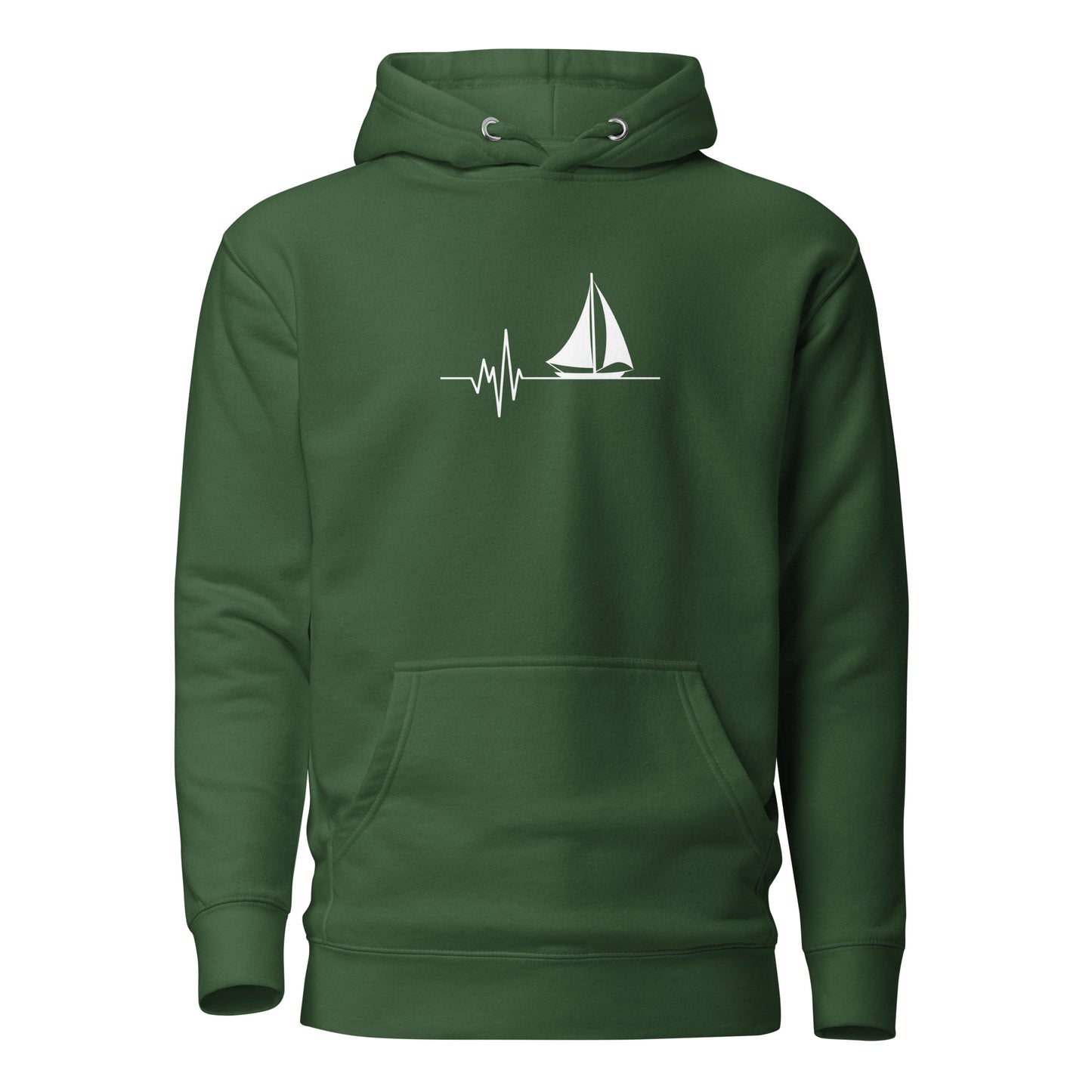 Unisex hoodie with sailing heartbeat design, eco-friendly cotton blend, perfect for casual wear and sustainable fashion lovers.