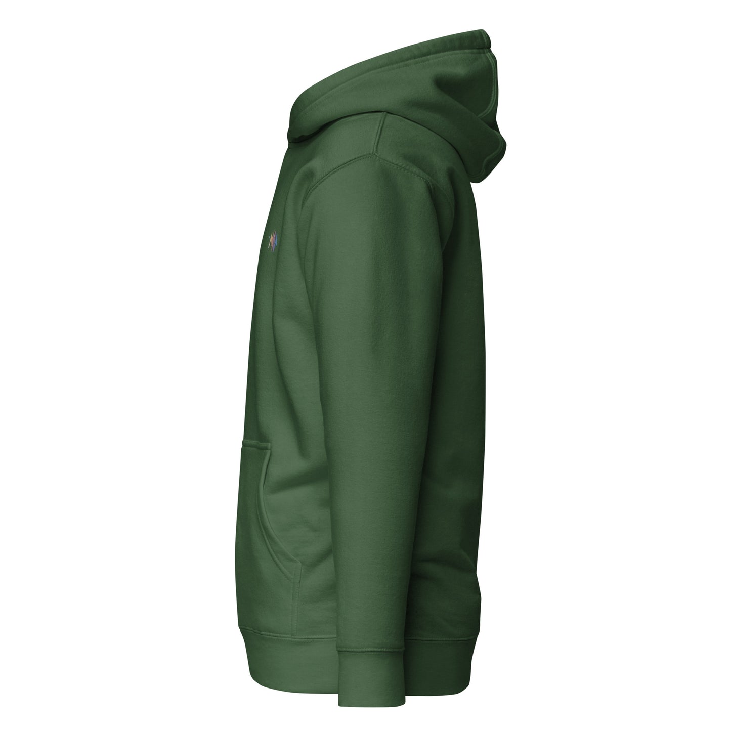 "Side view of green Splash of Melody Unisex Hoodie with pouch pocket, trendy streetwear, eco-friendly custom apparel, sustainable fashion."