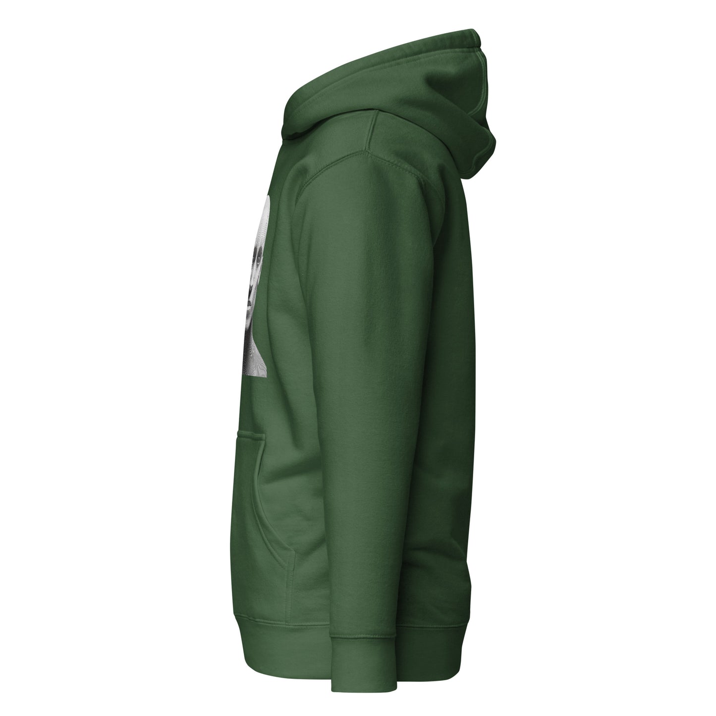 Unisex green hoodie with unique design, eco-friendly and trendy streetwear fashion, side view, minimalist statement piece.