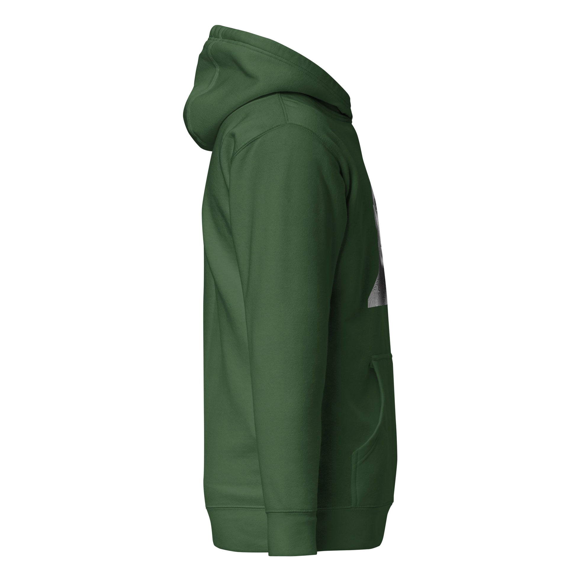 Green unisex hoodie side view, eco-friendly and stylish streetwear with pouch pocket and drawstring hood, perfect for casual wear.