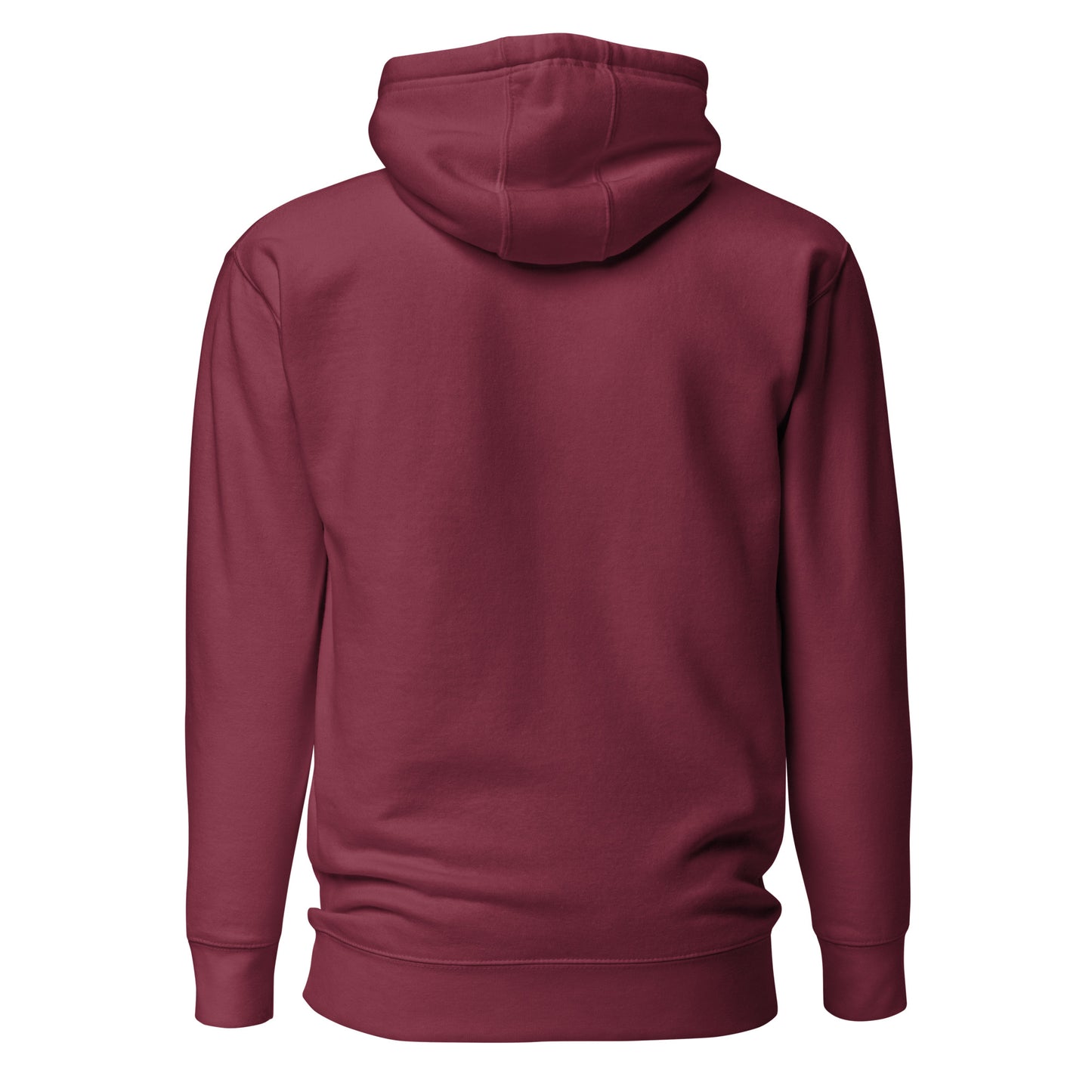 Back view of a maroon unisex hoodie, showcasing minimalist streetwear fashion and eco-friendly design.