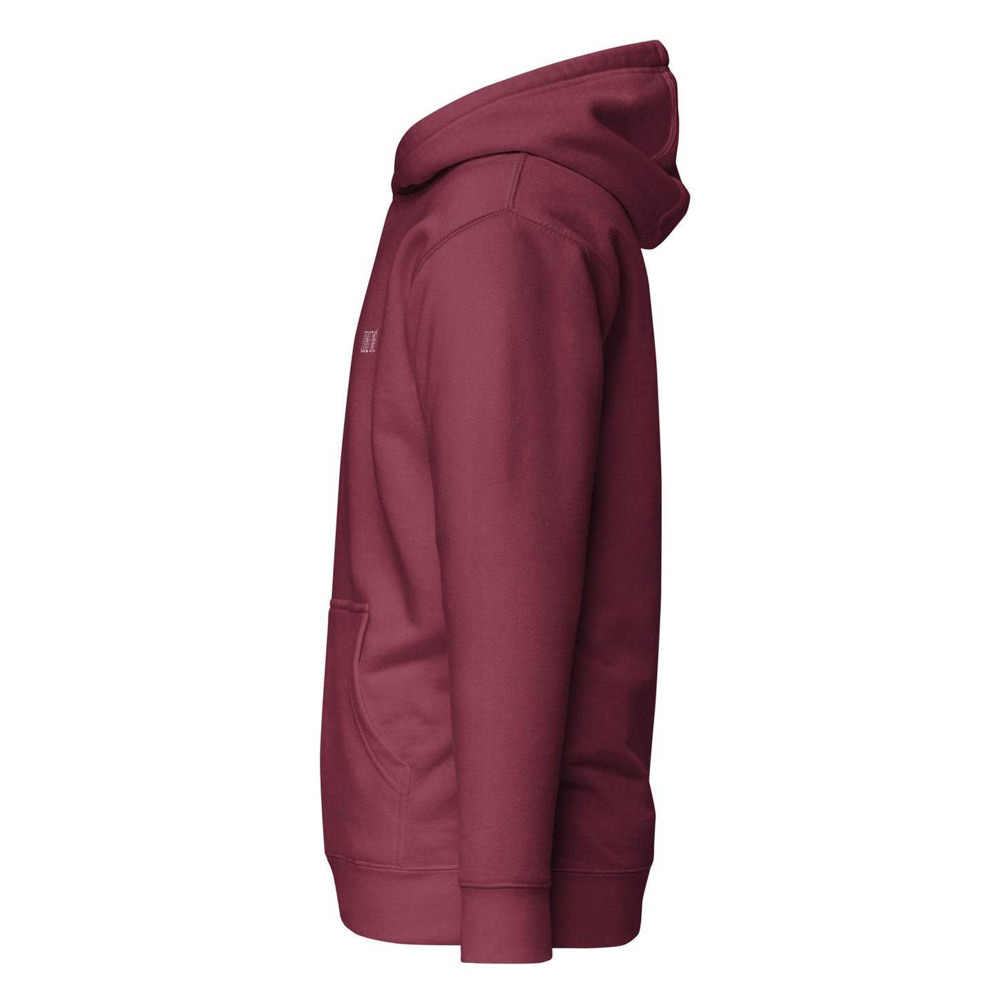 Unisex burgundy hoodie with front pocket and hood, perfect for casual wear and sustainable fashion, showcasing minimalist custom apparel design.