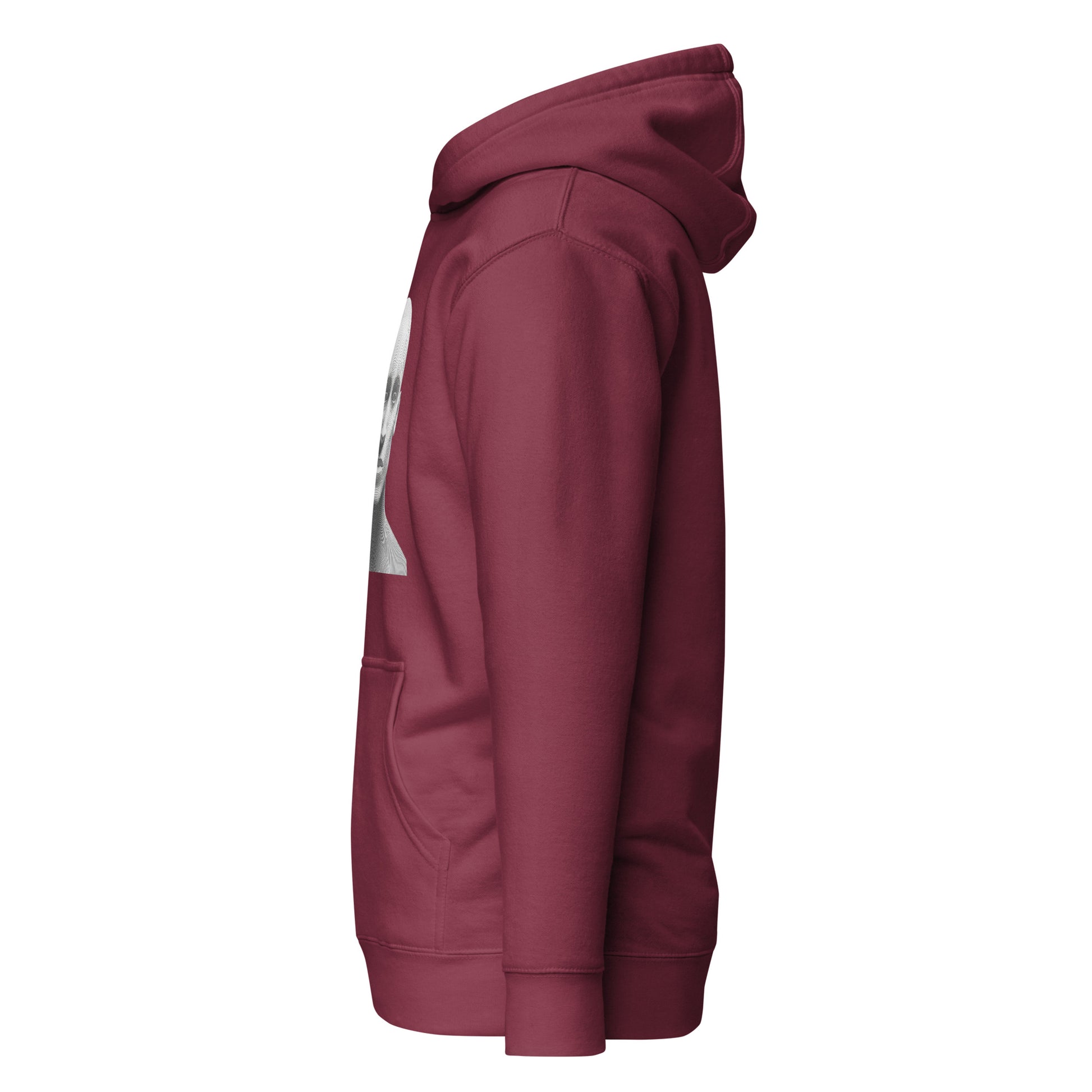 Unisex maroon hoodie with soft fabric, side view, featuring convenient pouch pocket and classic design for casual streetwear fashion.