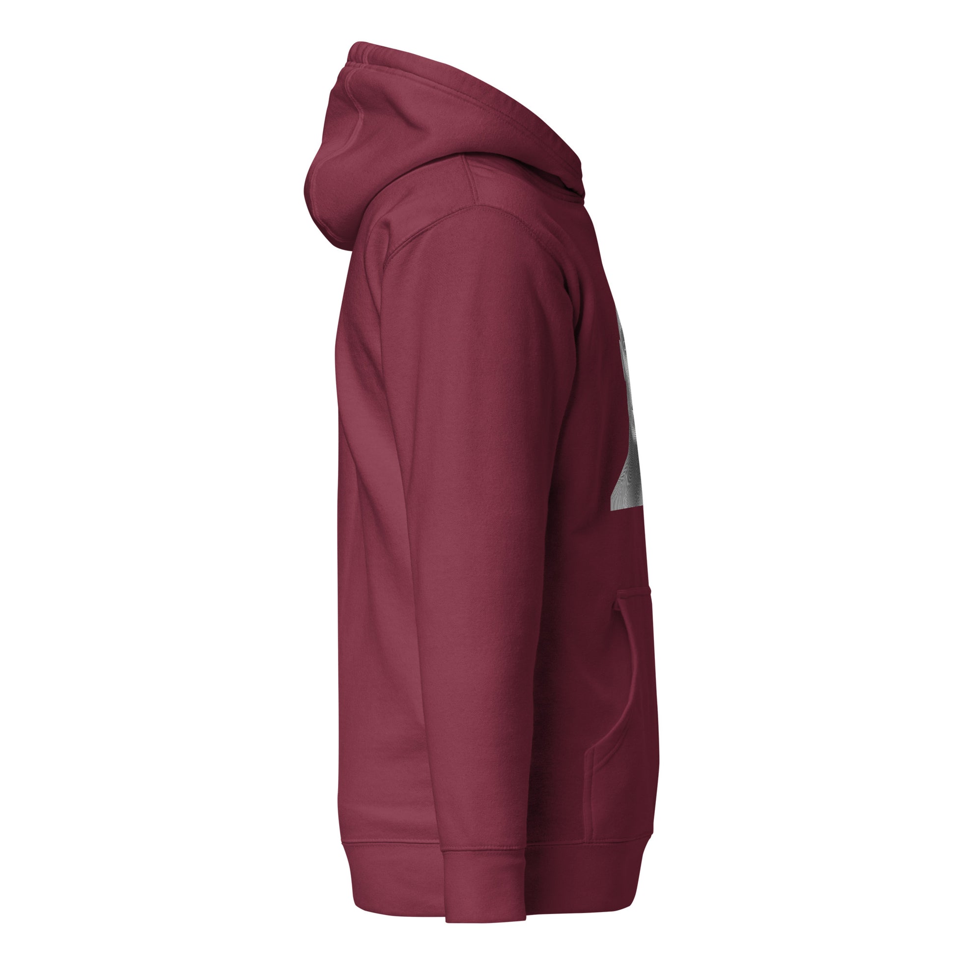 Unisex maroon hoodie with hood and pouch pocket, showcasing trendy streetwear fashion and unique minimalist design.