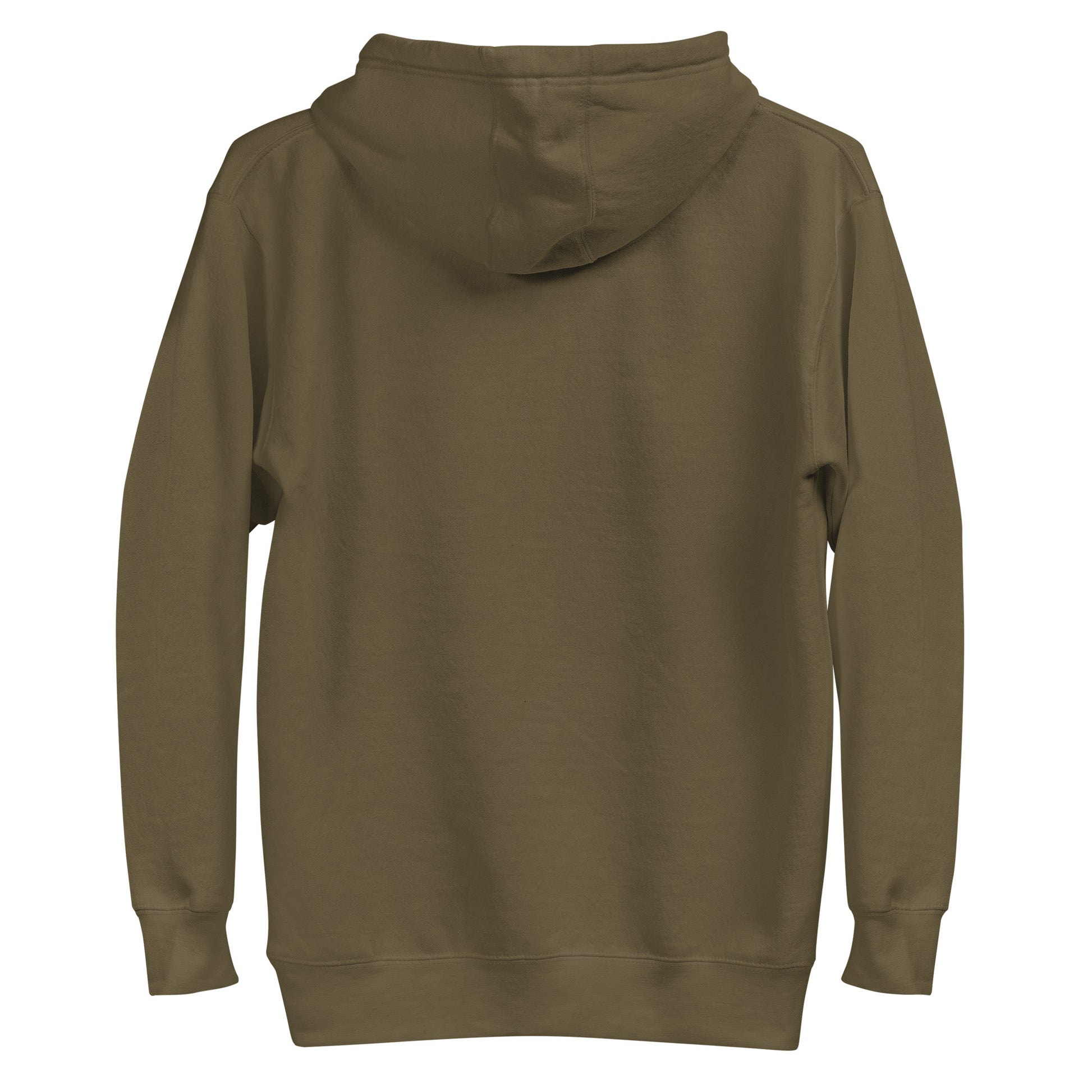 Olive green unisex hoodie back view with hood and sleeves, cozy streetwear fashion made from sustainable materials.