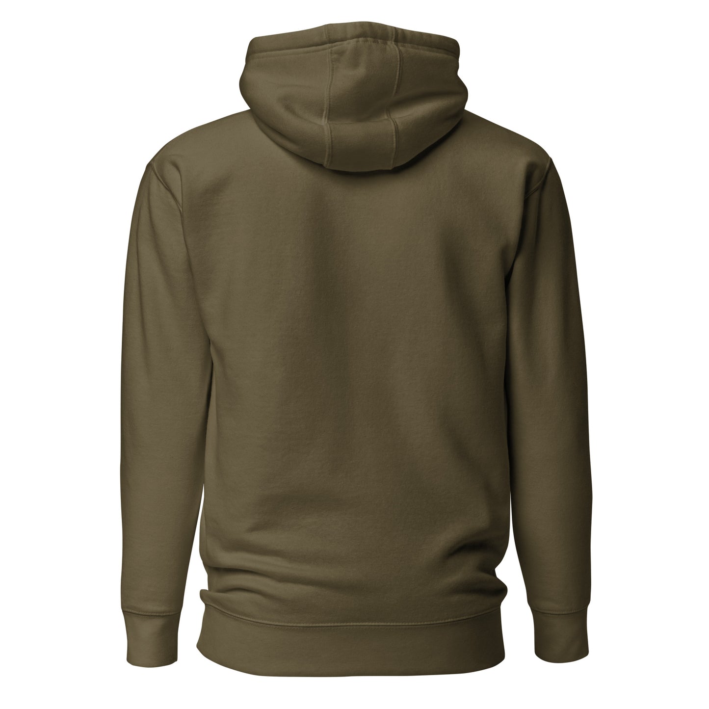 Olive green unisex hoodie back view, cozy casual wear, sustainable fashion with a snug hood, perfect for streetwear enthusiasts.