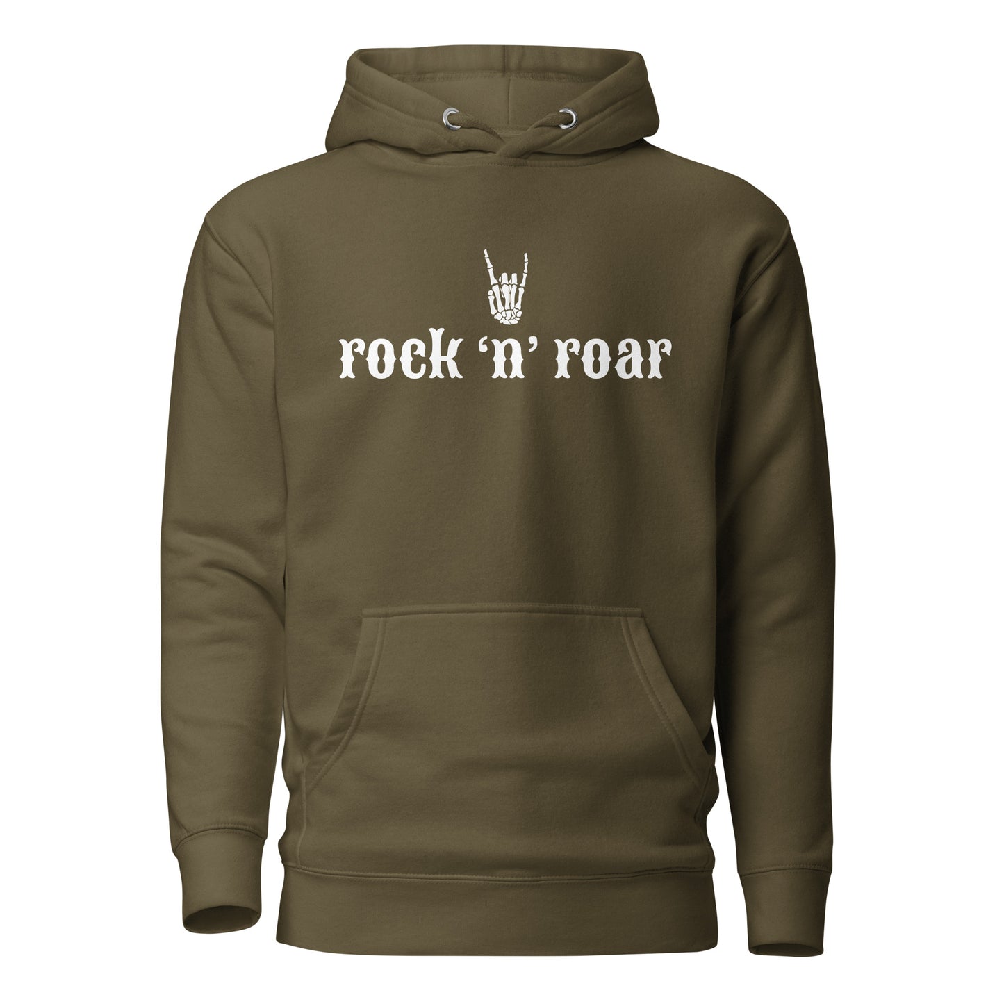 Rock 'n' Roar unisex hoodie in olive green, featuring bold design and front pocket, perfect for sustainable and trendy streetwear fashion.