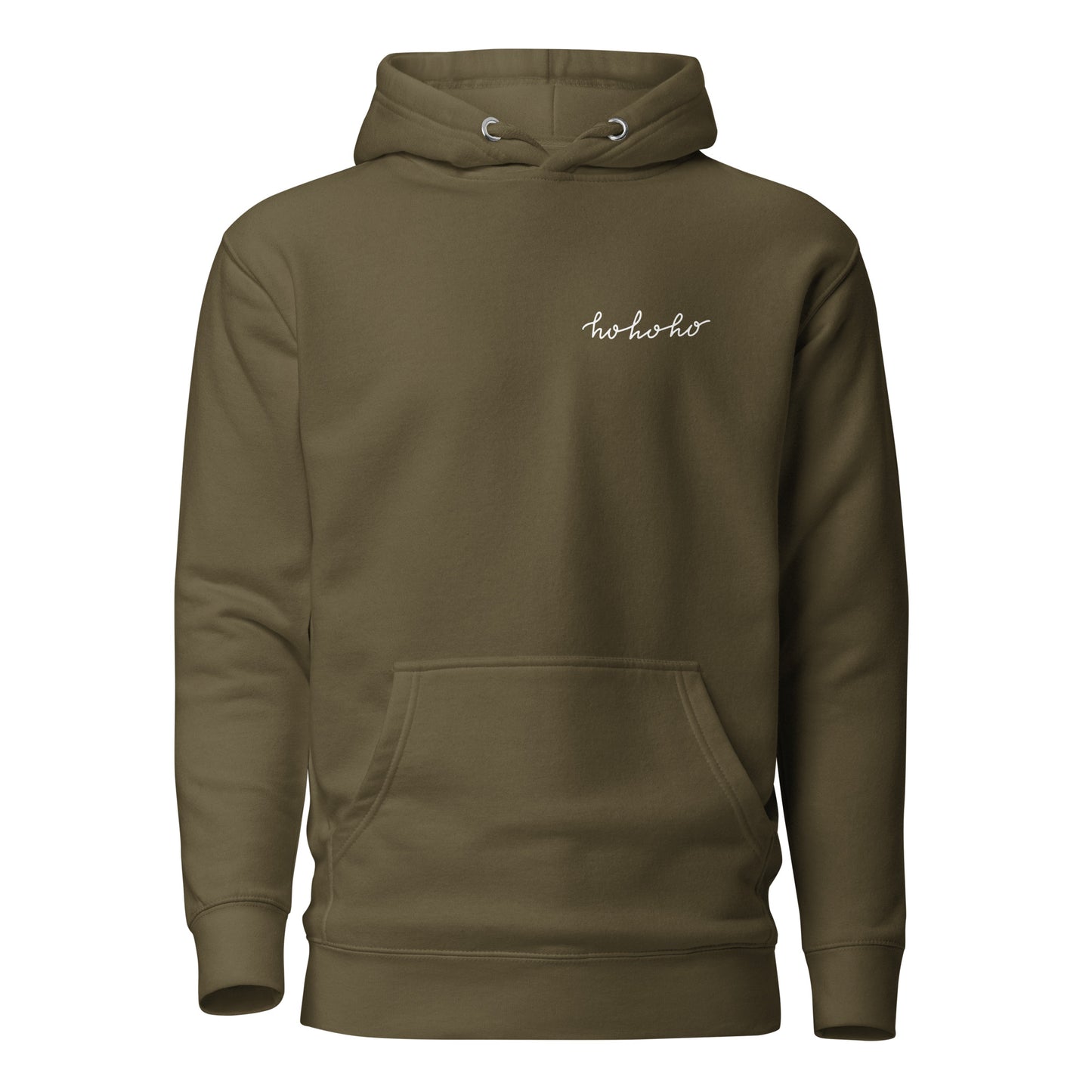 Olive green unisex hoodie with "ho ho ho" design, front pocket, and hood; eco-friendly, trendy streetwear for casual fashion lovers.