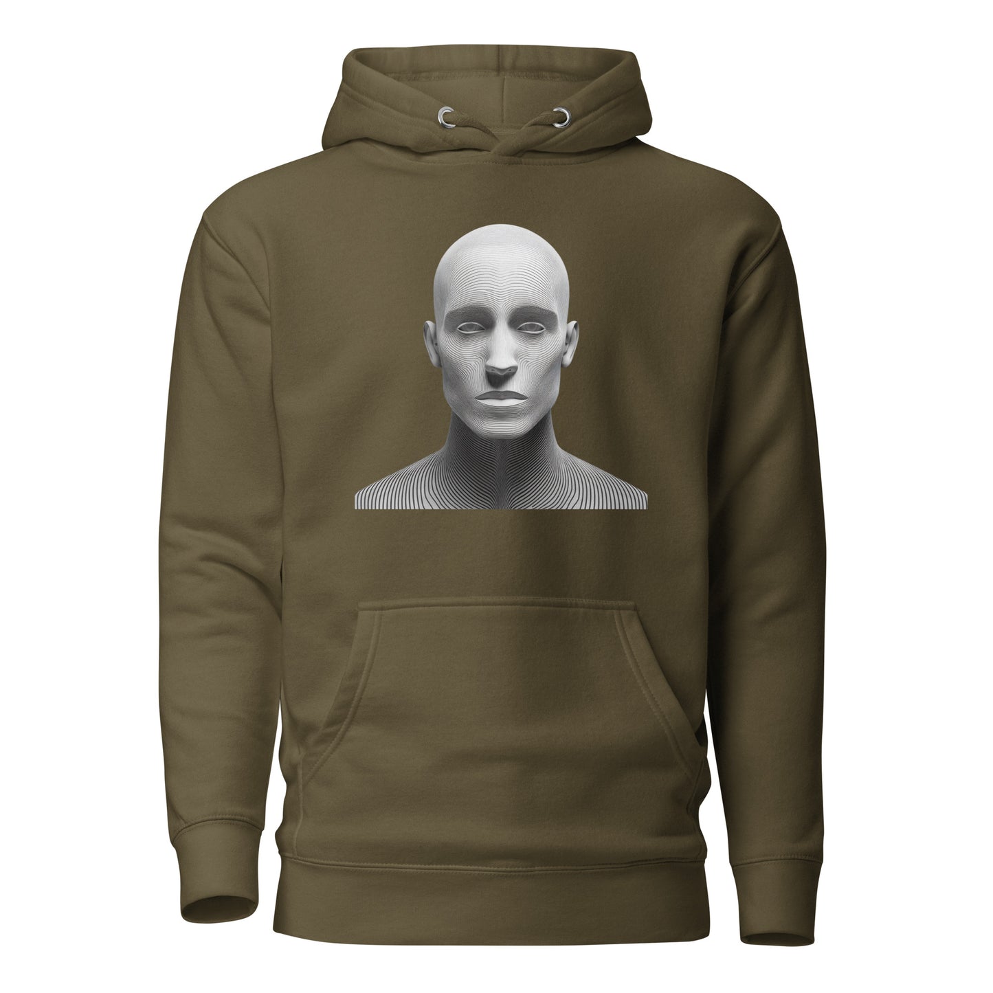 Unisex olive green hoodie with bold graphic design, featuring a minimalist head print; perfect for trendy streetwear fashion.