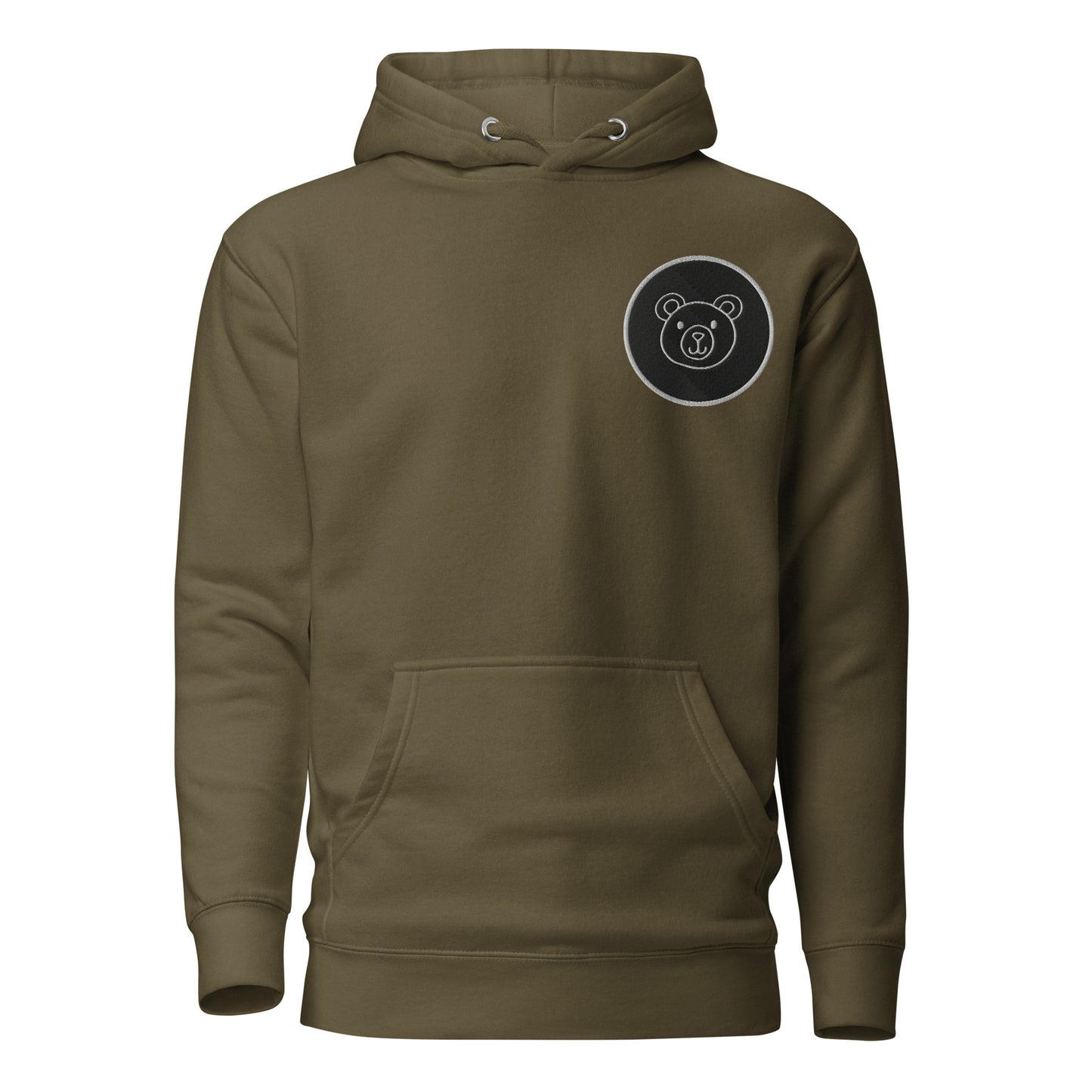 Olive green unisex hoodie with stitched bear design, featuring front pouch pocket and drawstrings, perfect for streetwear and casual fashion.