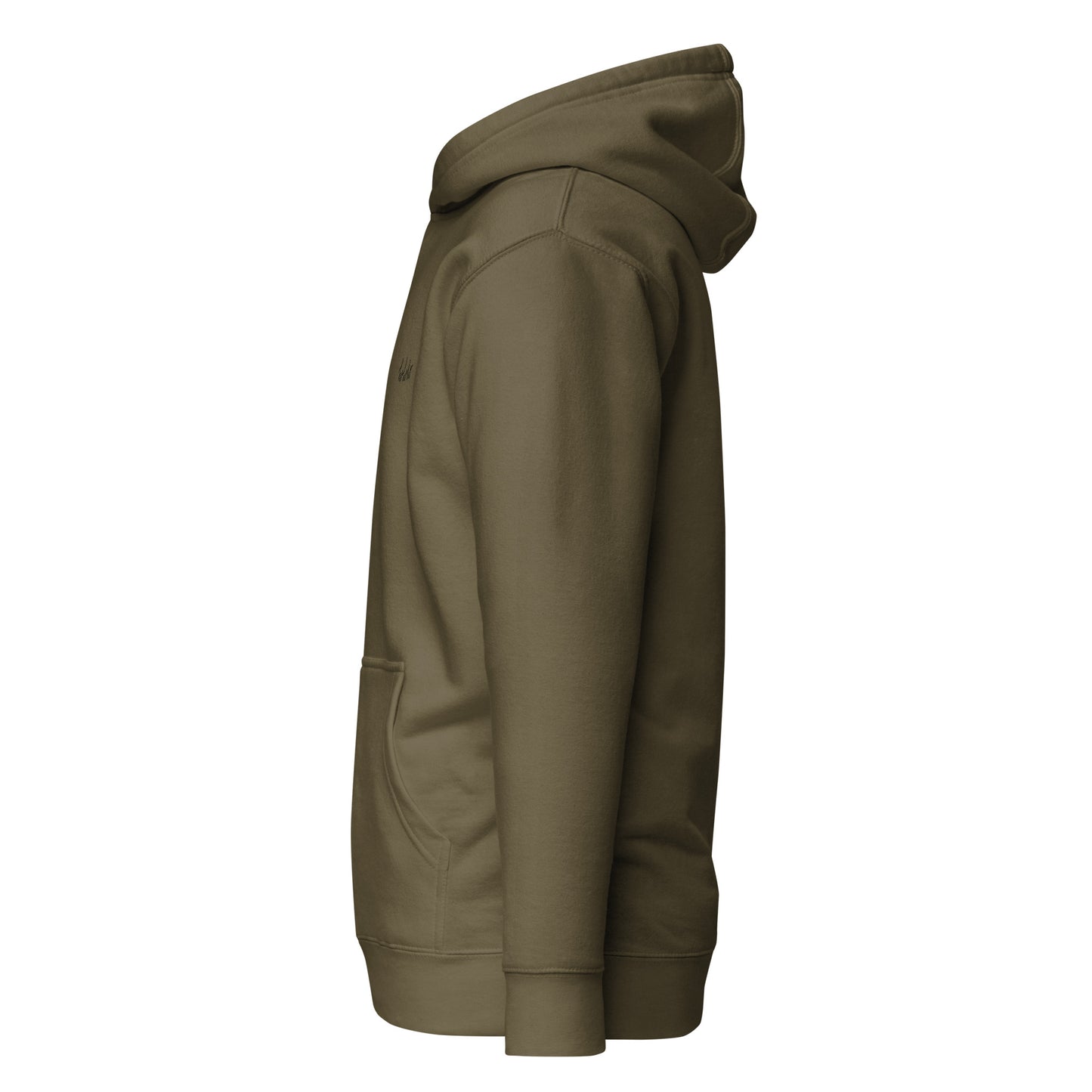 Olive green unisex hoodie with front pocket and hood, cozy casual wear for sustainable fashion lovers.