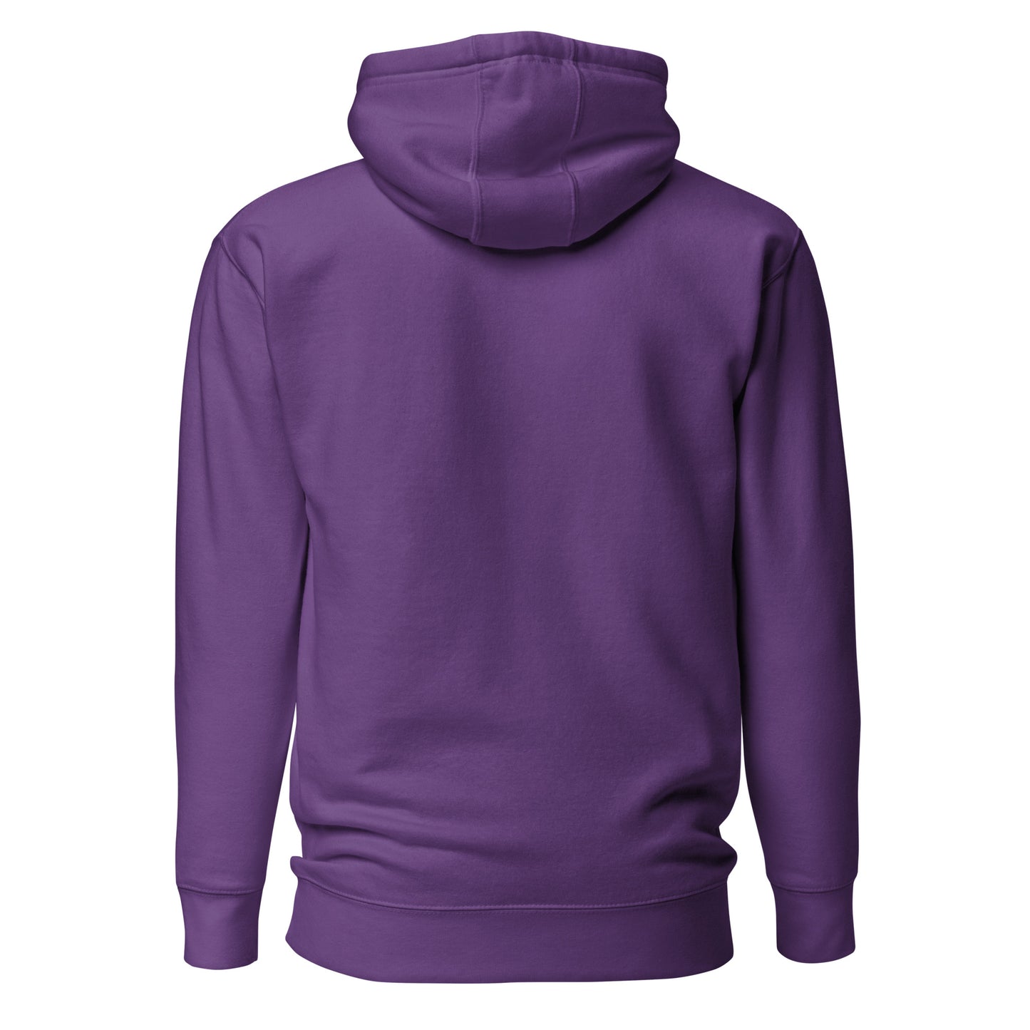 Purple unisex hoodie back view, cozy cotton blend with hood, perfect for casual wear and eco-friendly street fashion.