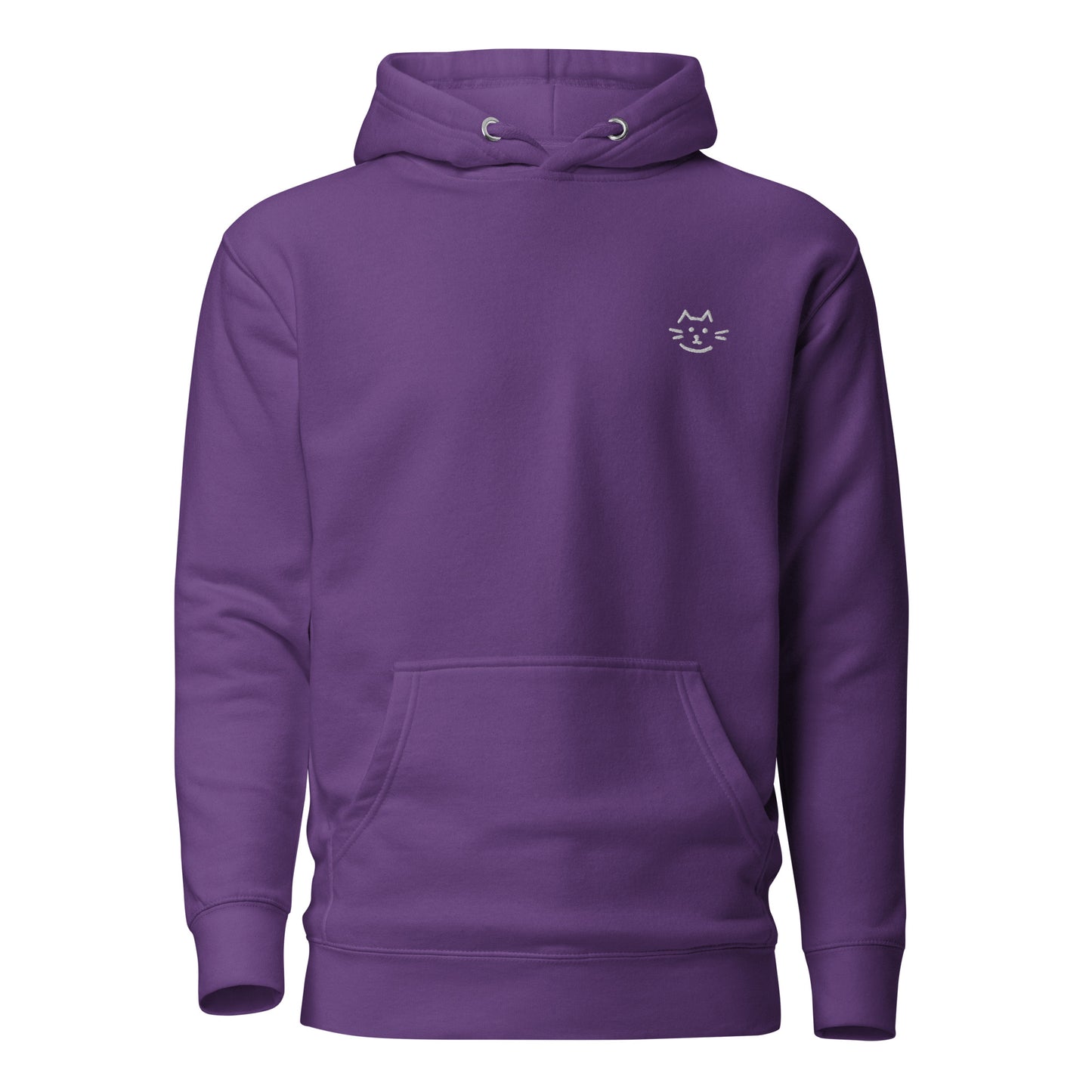 Purple unisex hoodie with minimalist cat design, featuring front pouch pocket and eco-friendly fashion for casual streetwear lovers.