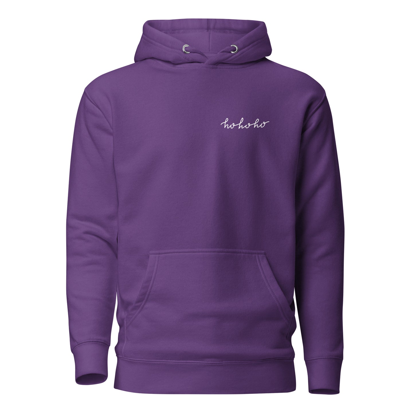 Purple unisex hoodie with "ho ho ho" design, featuring a front pocket and hood, perfect for cozy, eco-friendly streetwear.