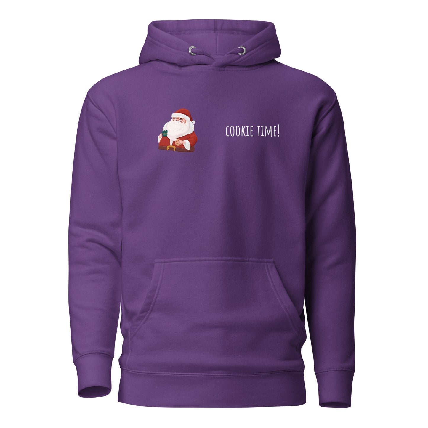 Purple unisex hoodie with Santa graphic and "Cookie Time" text, featuring front pouch pocket and drawstring hood, perfect for cozy casual wear.