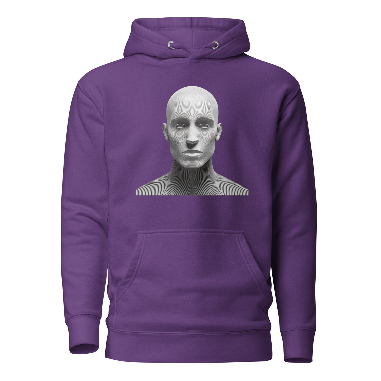 Purple unisex hoodie with digital face print, minimalist streetwear, 100% cotton, eco-friendly, trendy fashion statement piece.