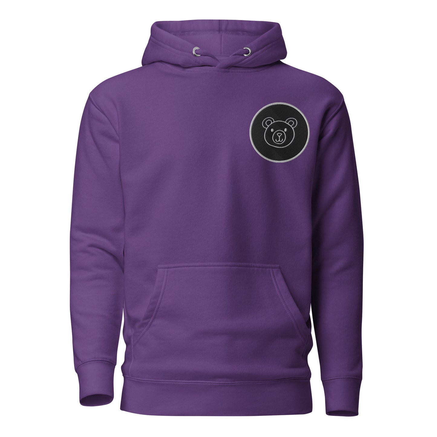 Purple unisex hoodie with bear design, featuring front pouch pocket and hood, perfect for trendy streetwear and sustainable fashion enthusiasts.