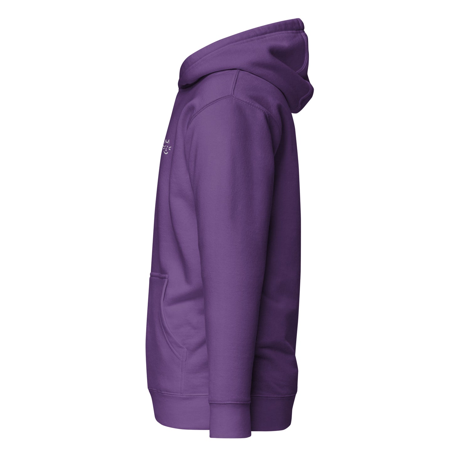 Purple Meow Face Unisex Hoodie side view, featuring cozy pouch pocket and hood, minimalist streetwear for trendy, eco-friendly fashion lovers.