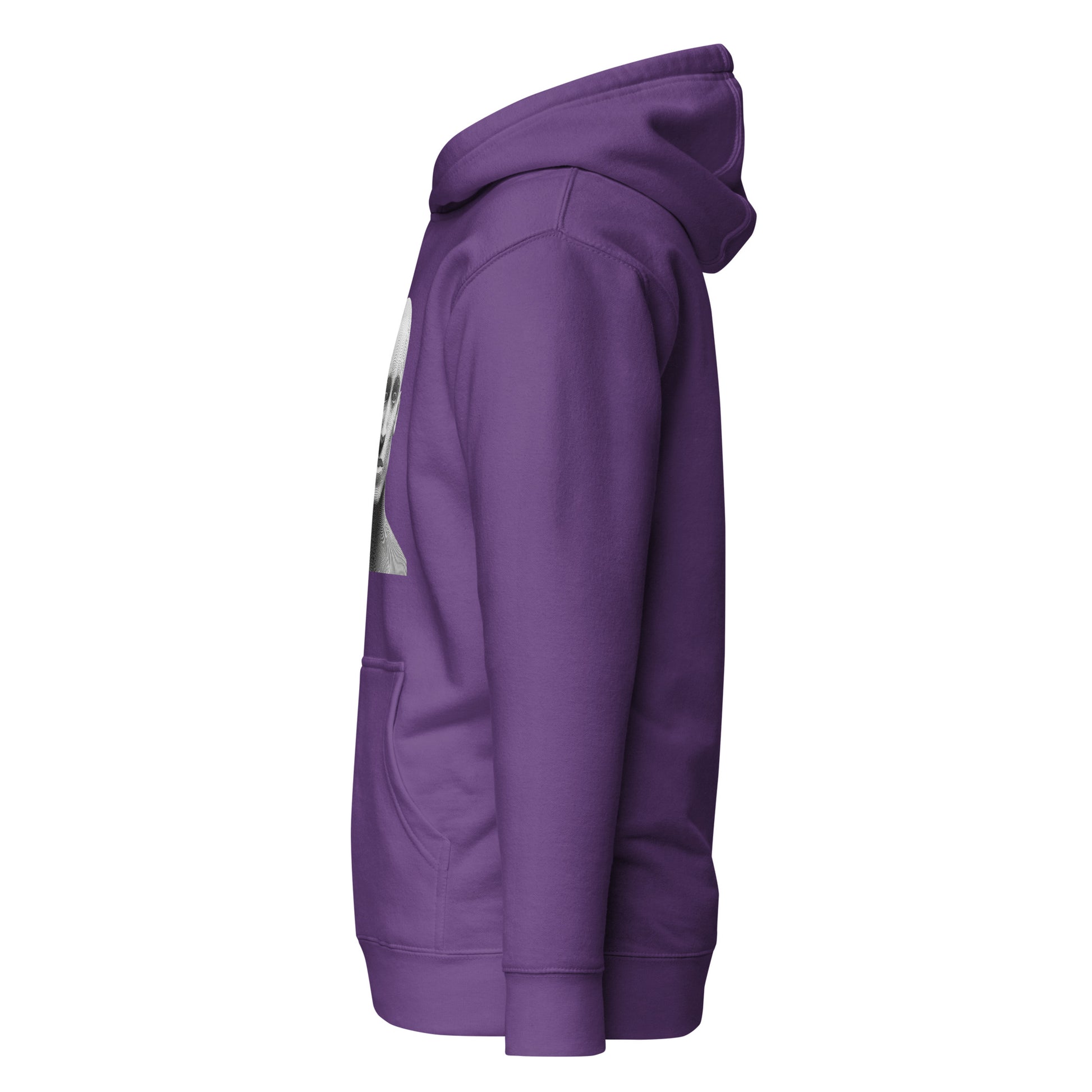 Purple unisex hoodie with graphic design, featuring pouch pocket and hood, perfect for eco-friendly streetwear and minimalist fashion.