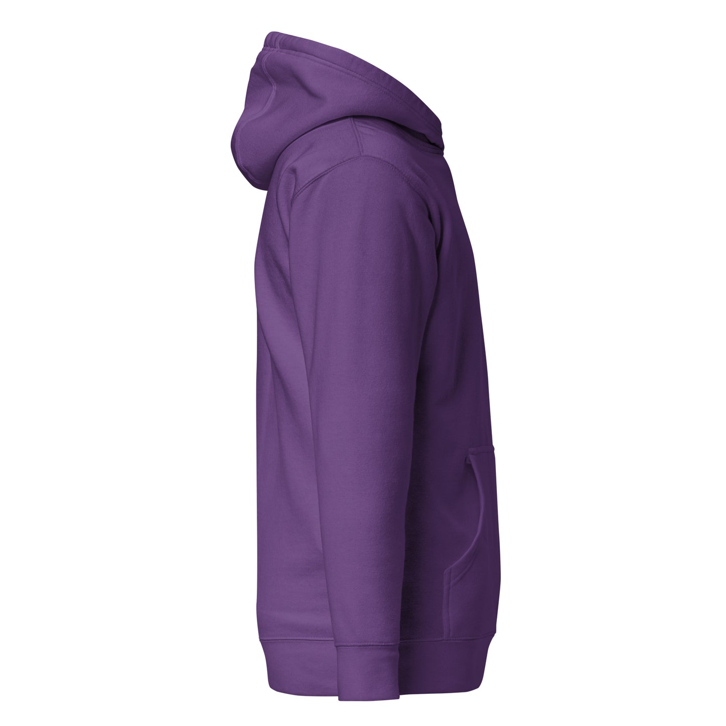 Purple unisex hoodie side view with a pouch pocket, classic streetwear fashion, eco-friendly custom apparel, trendy and minimalist design.