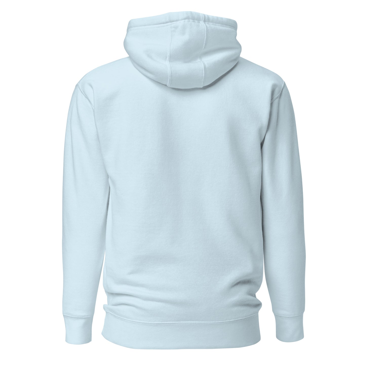 Unisex pastel blue hoodie back view, minimalist design, eco-friendly sustainable cotton-blend casual apparel for streetwear fashion.