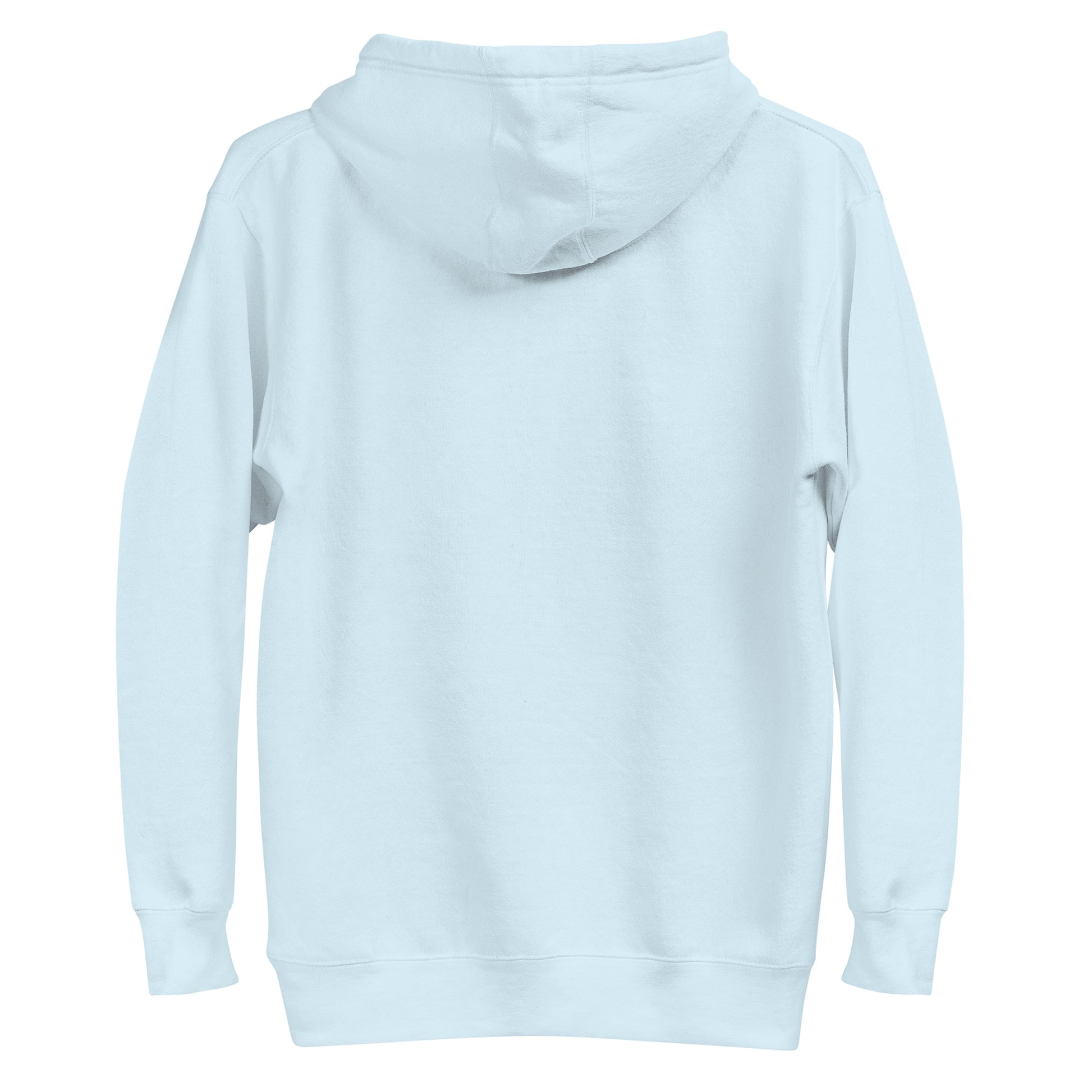 Back view of light blue unisex hoodie, featuring cozy design with eco-friendly materials. Ideal for sustainable fashion lovers.